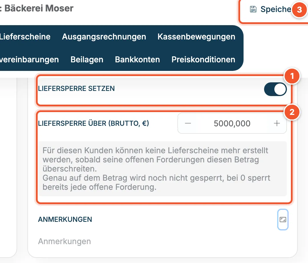 Liefersperre eingeschaltet mit Grenze 5000 Euro und Erklärungstext