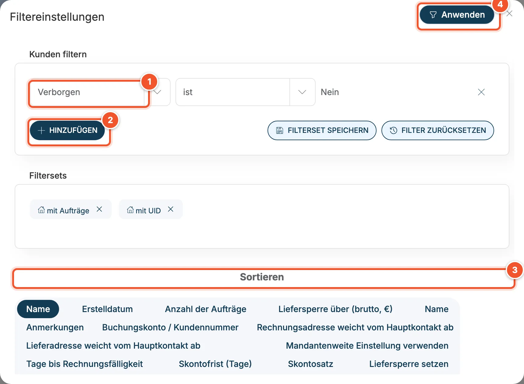 Fenster Filtereinstellungen für Kunden mit Filter Verborgen ist Nein