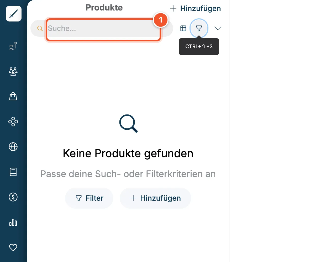 Leere Produktliste mit Suchfeld und dem Hinweis Keine Produkte gefunden