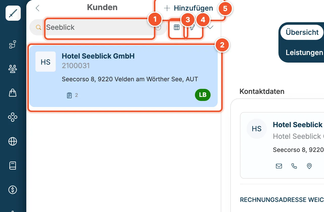 Kundenliste mit Suchbegriff Seeblick und einem Treffer