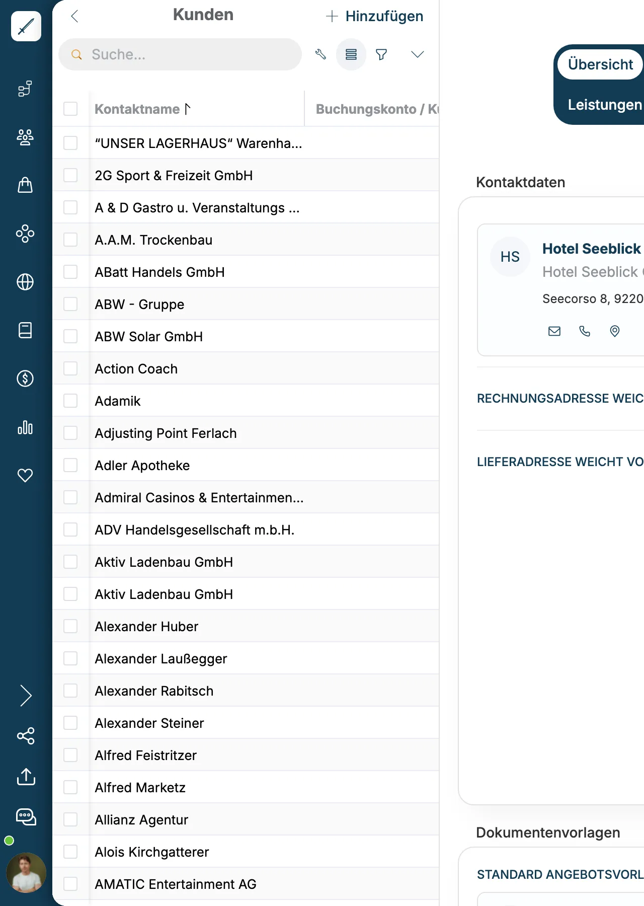 Kundenliste in der Tabellenansicht