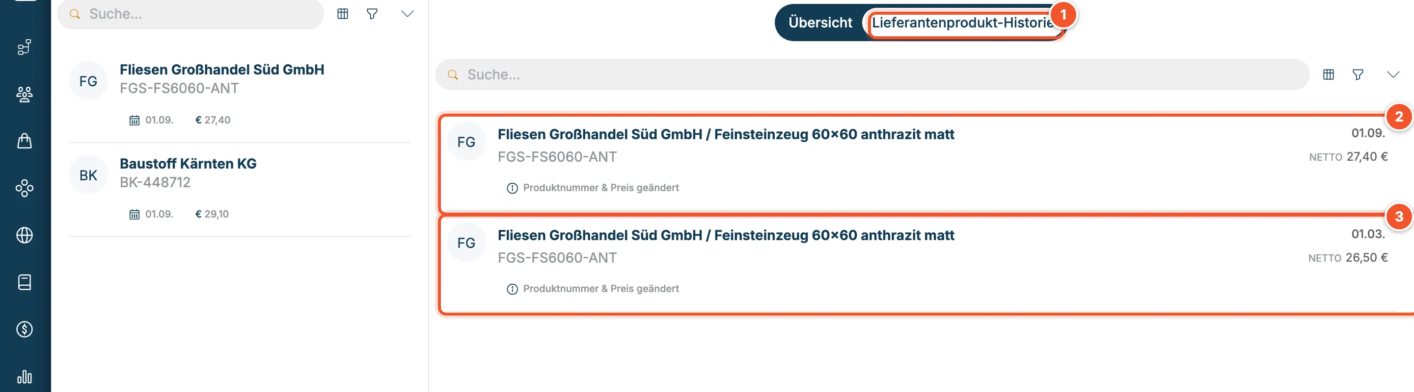 Lieferantenprodukt-Historie mit Preisen 27,40 € ab 01.09. und 26,50 € ab 01.03.