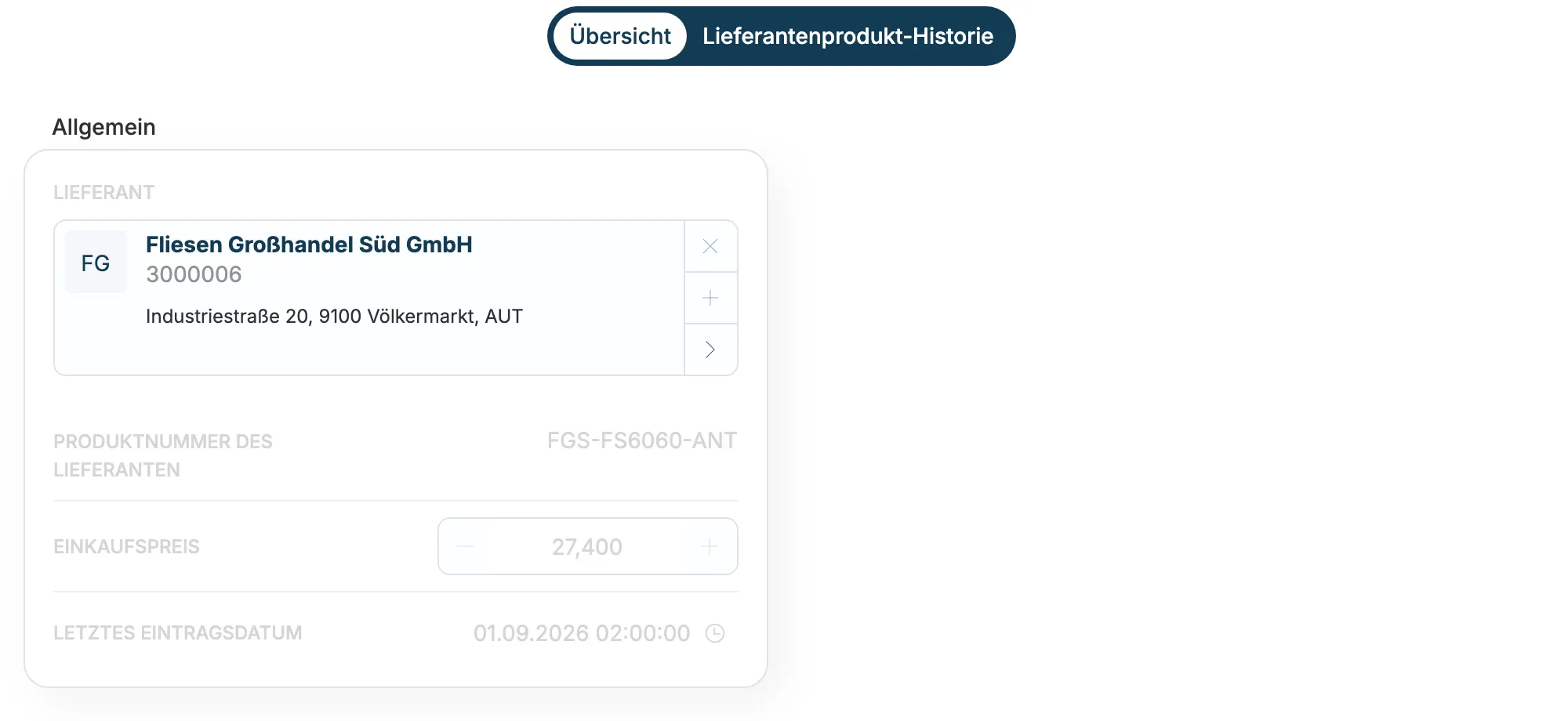 Übersicht eines Lieferantenprodukts mit Lieferant Fliesen Großhandel Süd GmbH, Produktnummer und Einkaufspreis 27,40