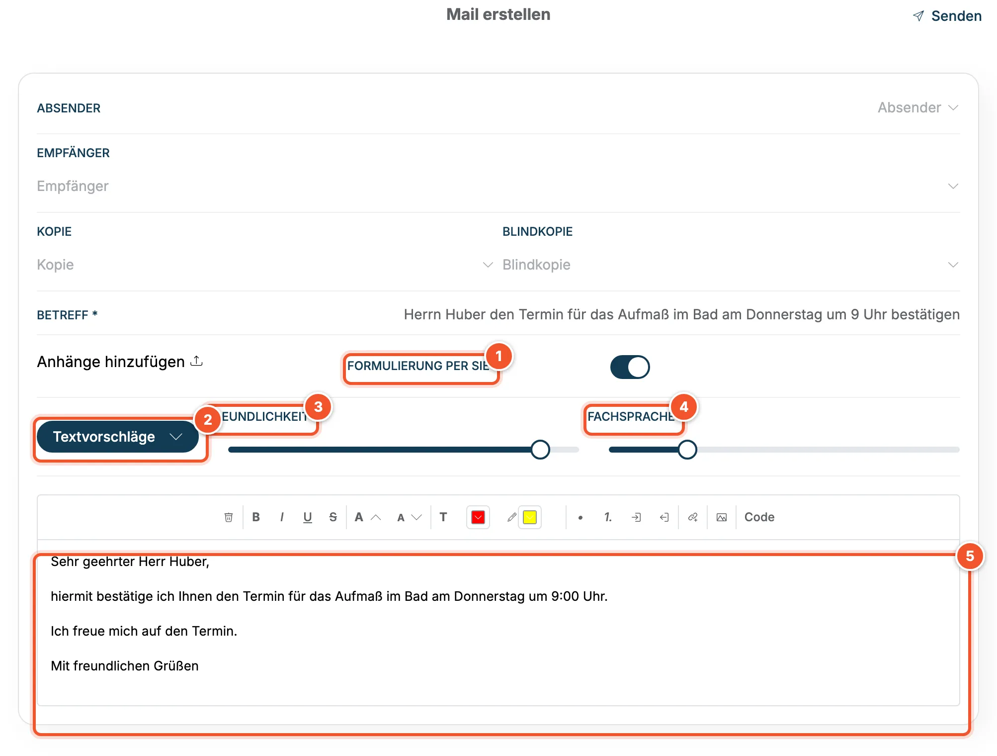 Mail mit vom Copilot geschriebenem Text, Schalter Formulierung per Sie und Reglern Freundlichkeit und Fachsprache