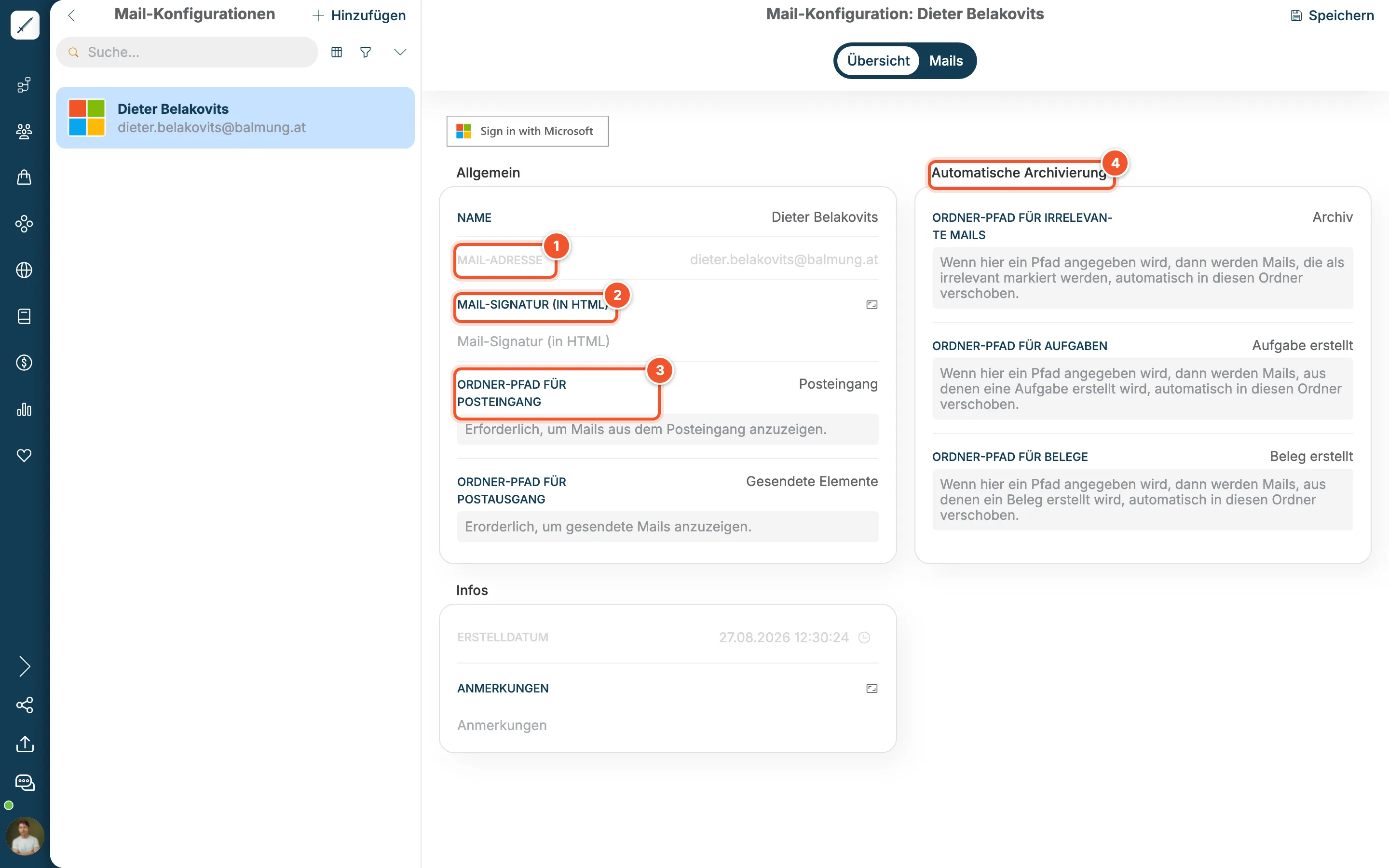 Detailansicht einer Mail-Konfiguration mit Mail-Adresse, Signatur, Ordner-Pfaden und automatischer Archivierung