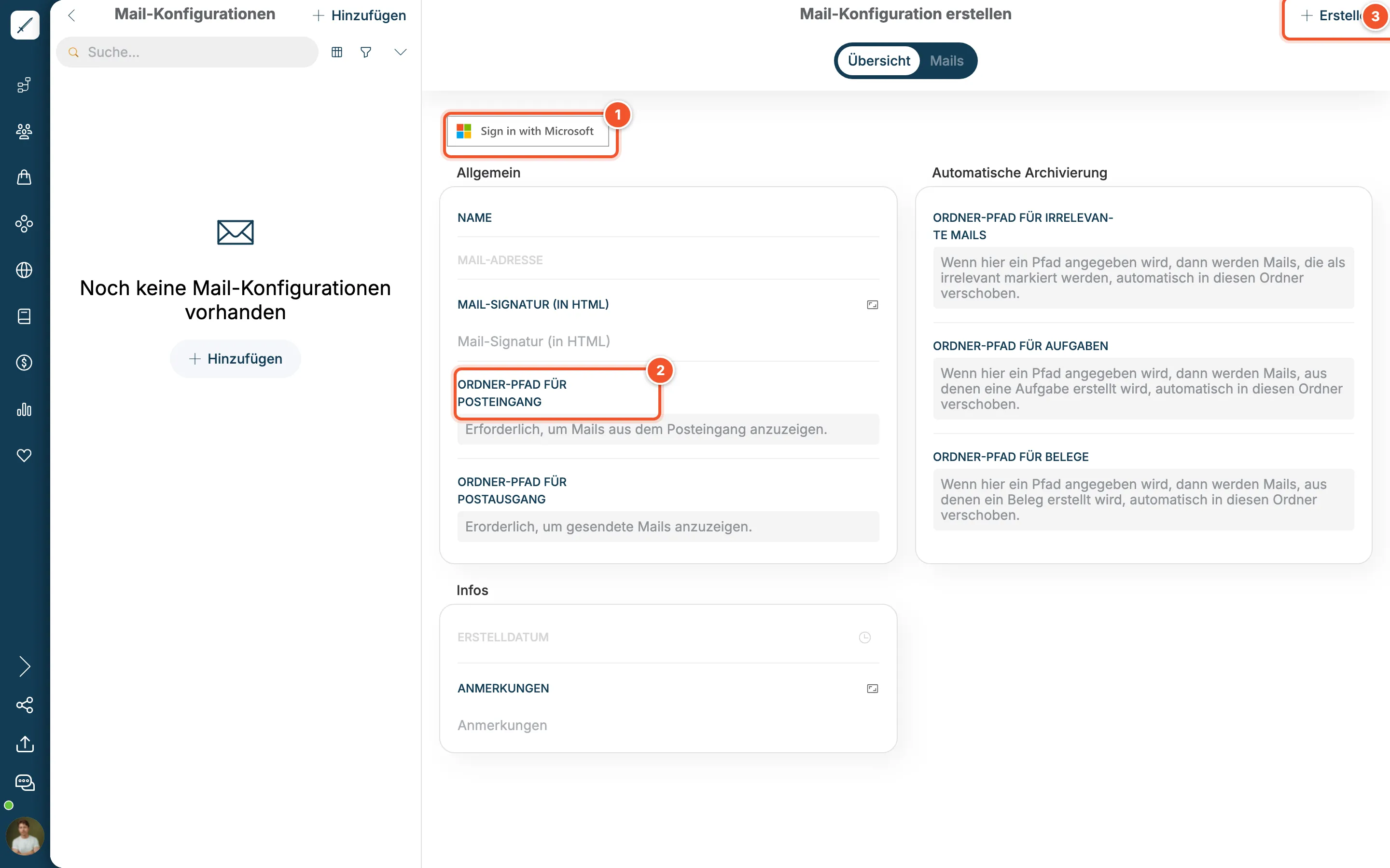 Formular Mail-Konfiguration erstellen mit Button Sign in with Microsoft und Ordner-Pfaden