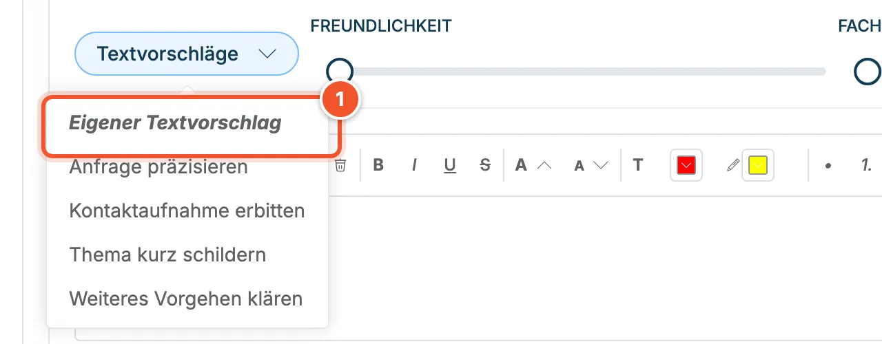 Geöffnete Auswahl Textvorschläge mit Eigener Textvorschlag und weiteren Vorschlägen