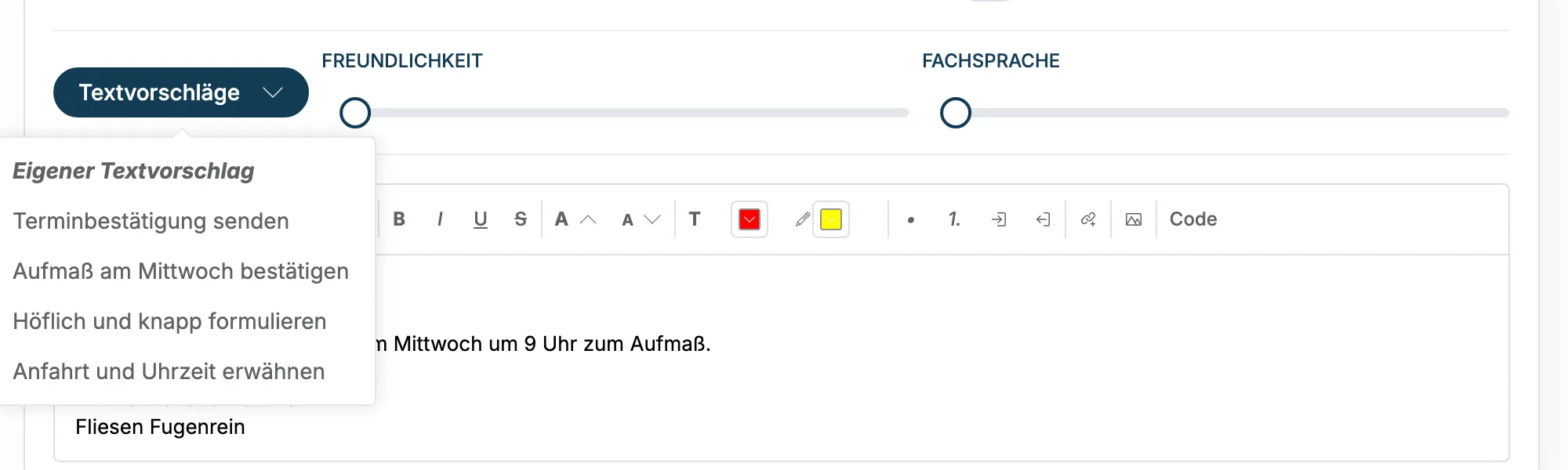 Geöffnete Auswahl Textvorschläge