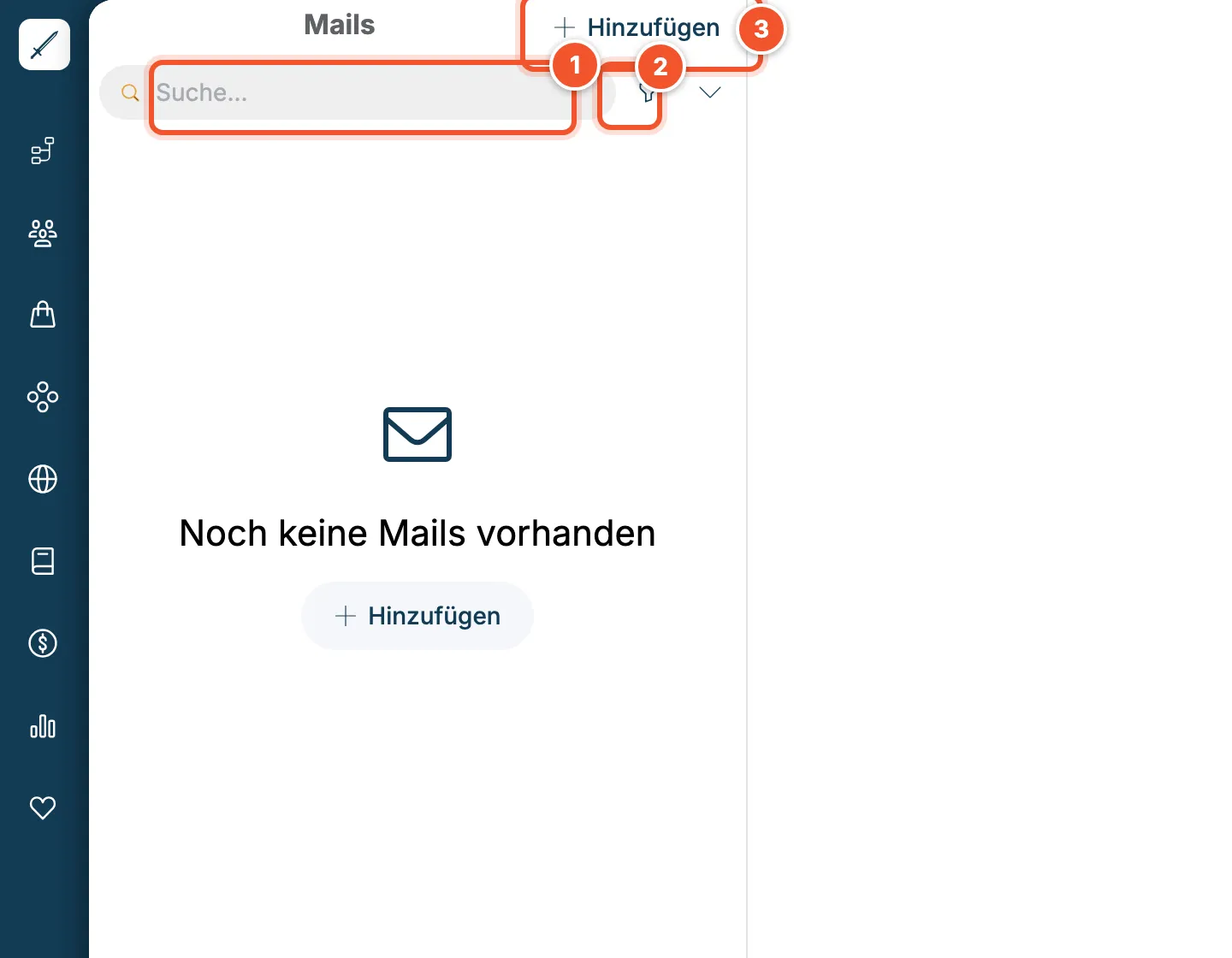 Mailliste mit Suche, Filter und Hinzufügen, noch ohne Mails