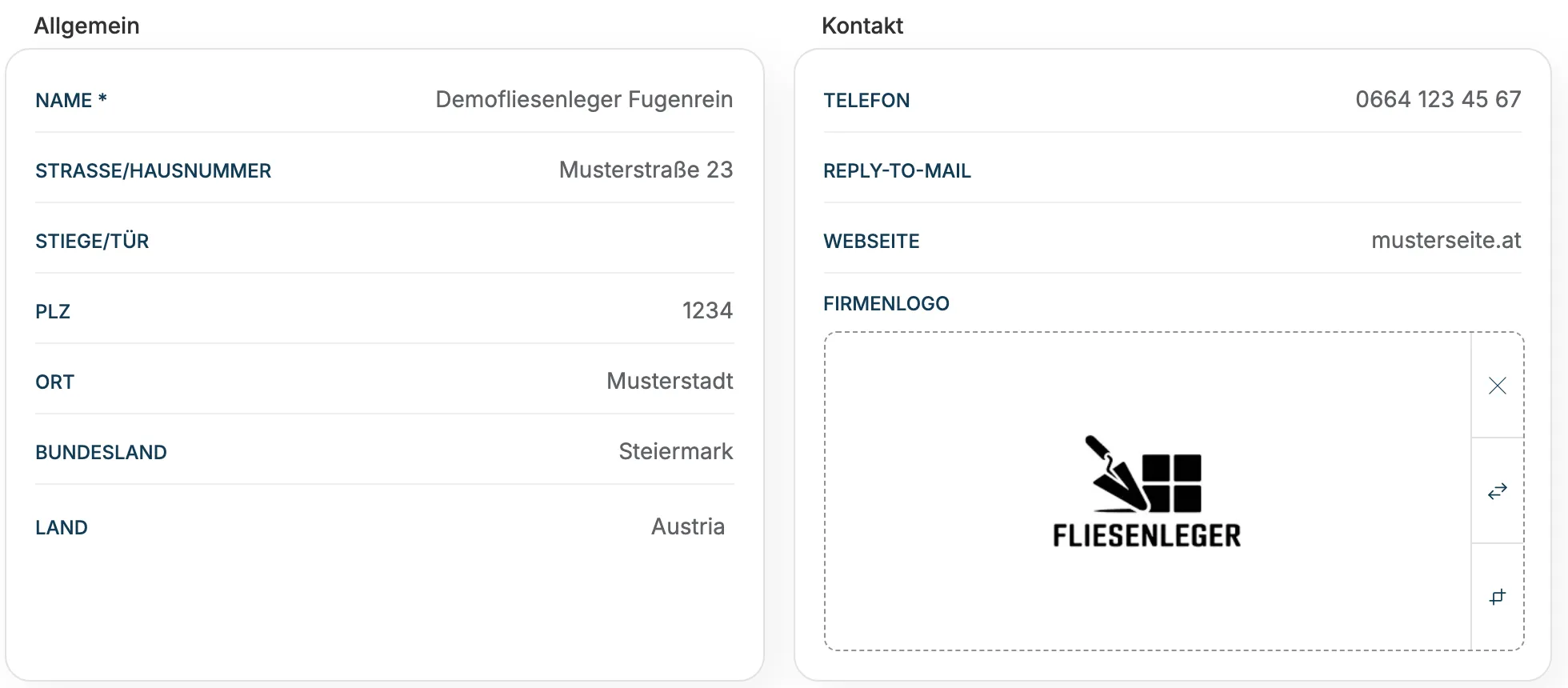 Bereiche Allgemein und Kontakt mit Adresse, Telefon, Webseite und Firmenlogo