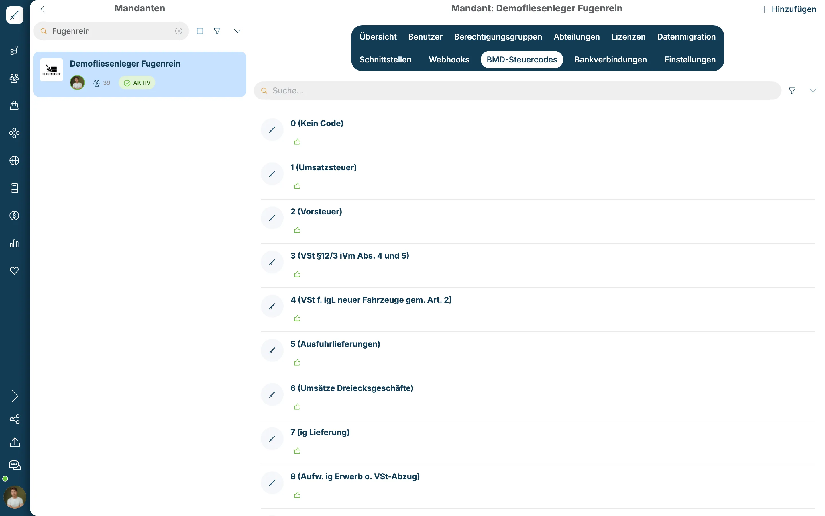 Reiter BMD-Steuercodes des Mandanten mit Liste der Codes