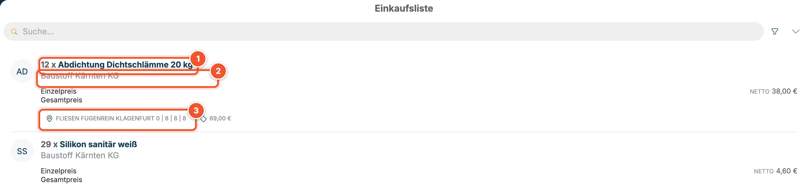 Einkaufsliste mit 12 x Abdichtung Dichtschlämme 20 kg und 29 x Silikon sanitär weiß von Baustoff Kärnten KG