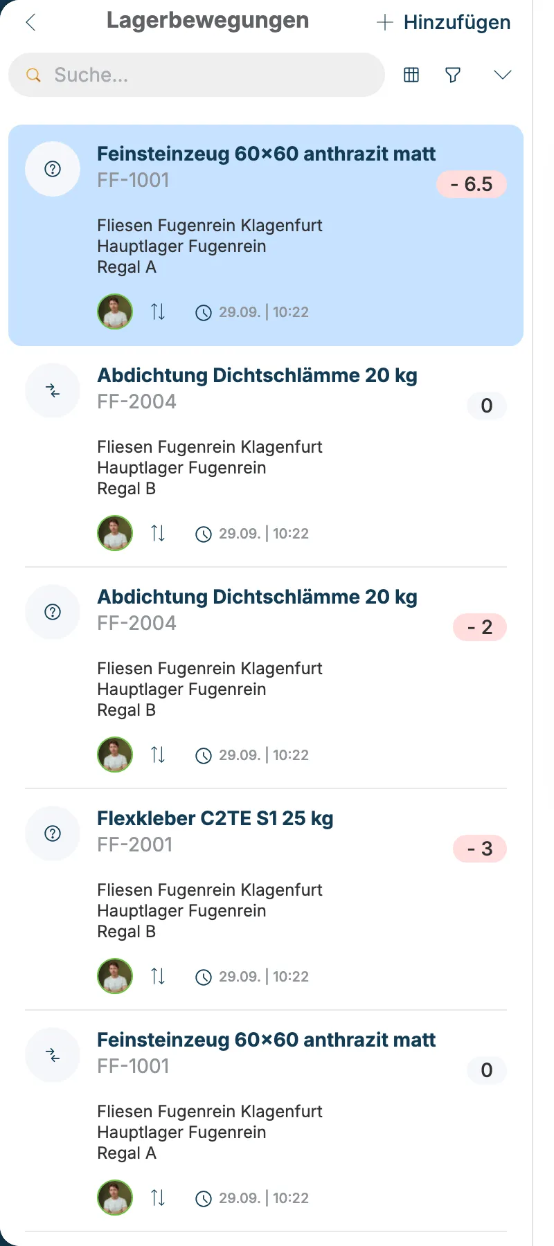 Liste der Lagerbewegungen mit Feinsteinzeug minus 6,5, Abdichtung und Flexkleber in Regal A und B