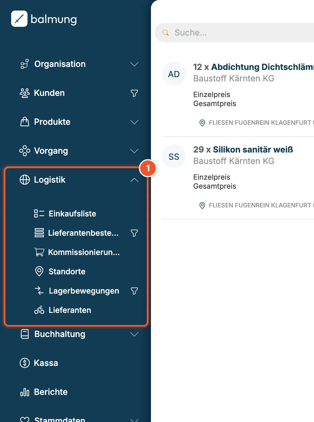 Ausgeklapptes Hauptmenü mit dem Bereich Logistik und seinen sechs Unterpunkten