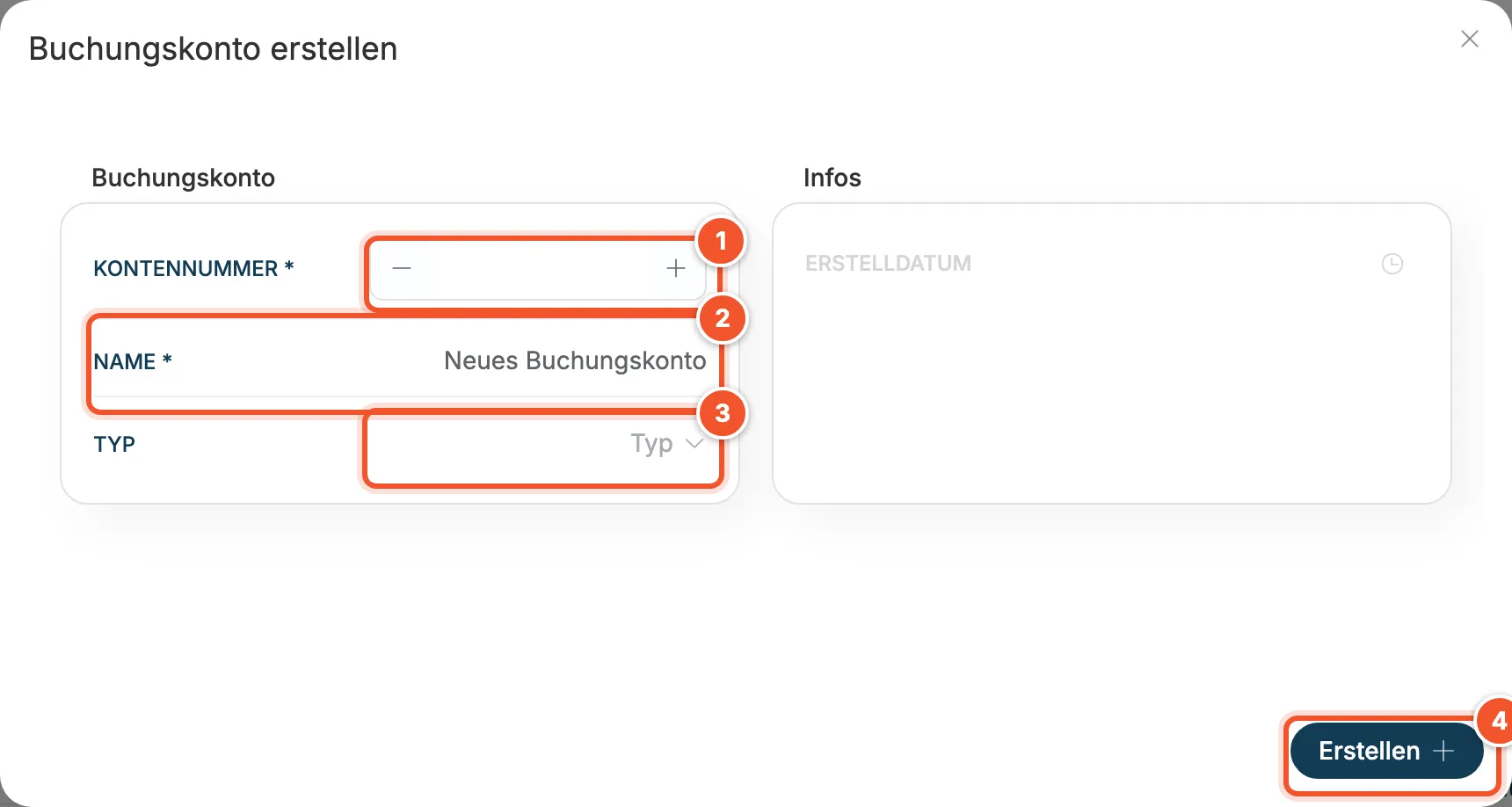 Fenster Buchungskonto erstellen mit Kontennummer, Name und Typ