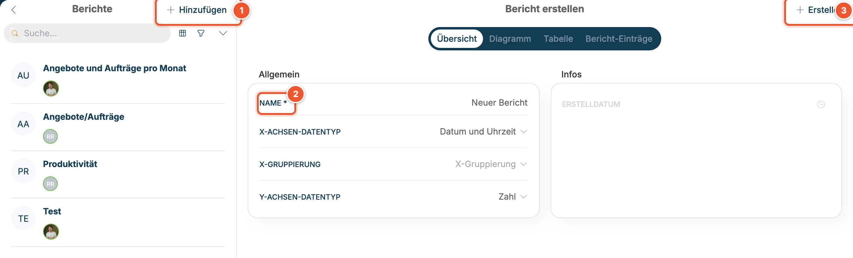 Formular Bericht erstellen mit Name, X-Achsen-Datentyp, X-Gruppierung und Y-Achsen-Datentyp