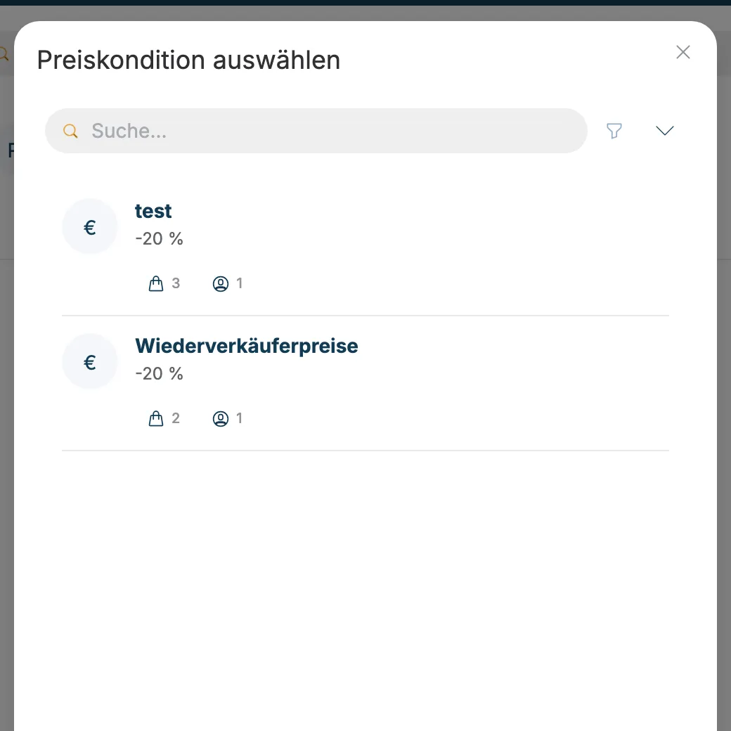 Fenster Preiskondition auswählen mit weiteren Konditionen