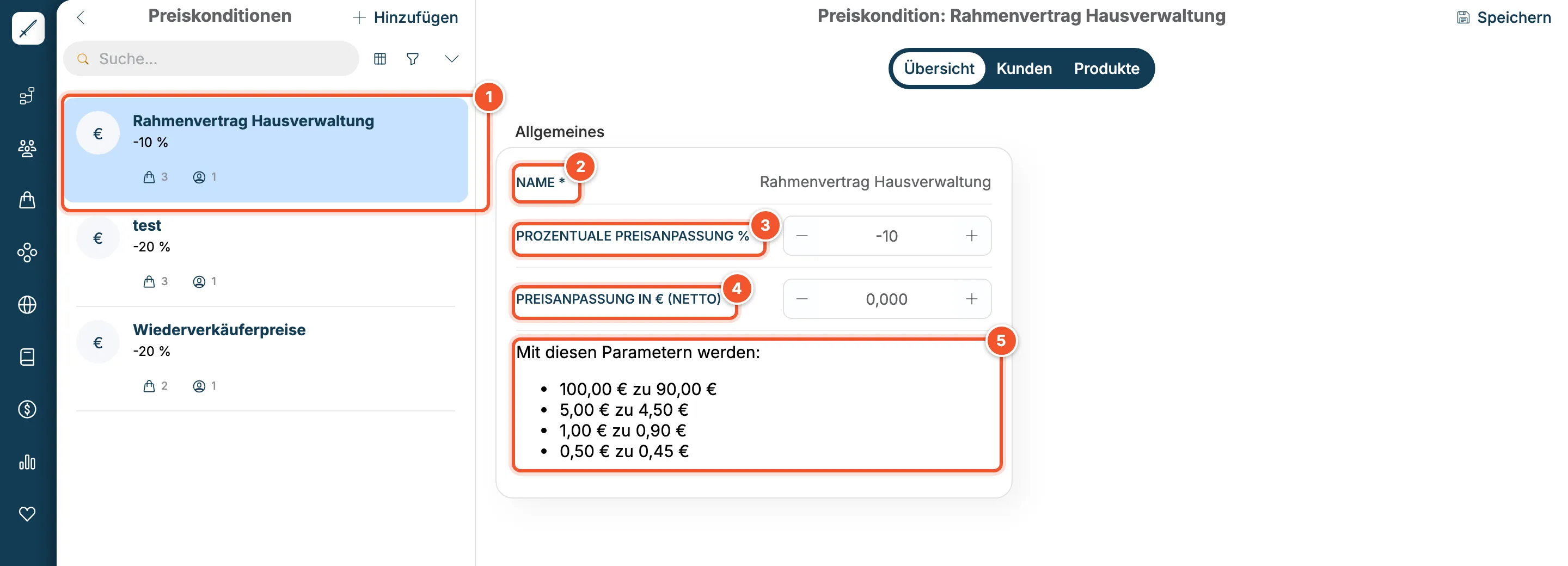 Liste der Preiskonditionen und Detailansicht der Kondition Rahmenvertrag Hausverwaltung mit -10 %