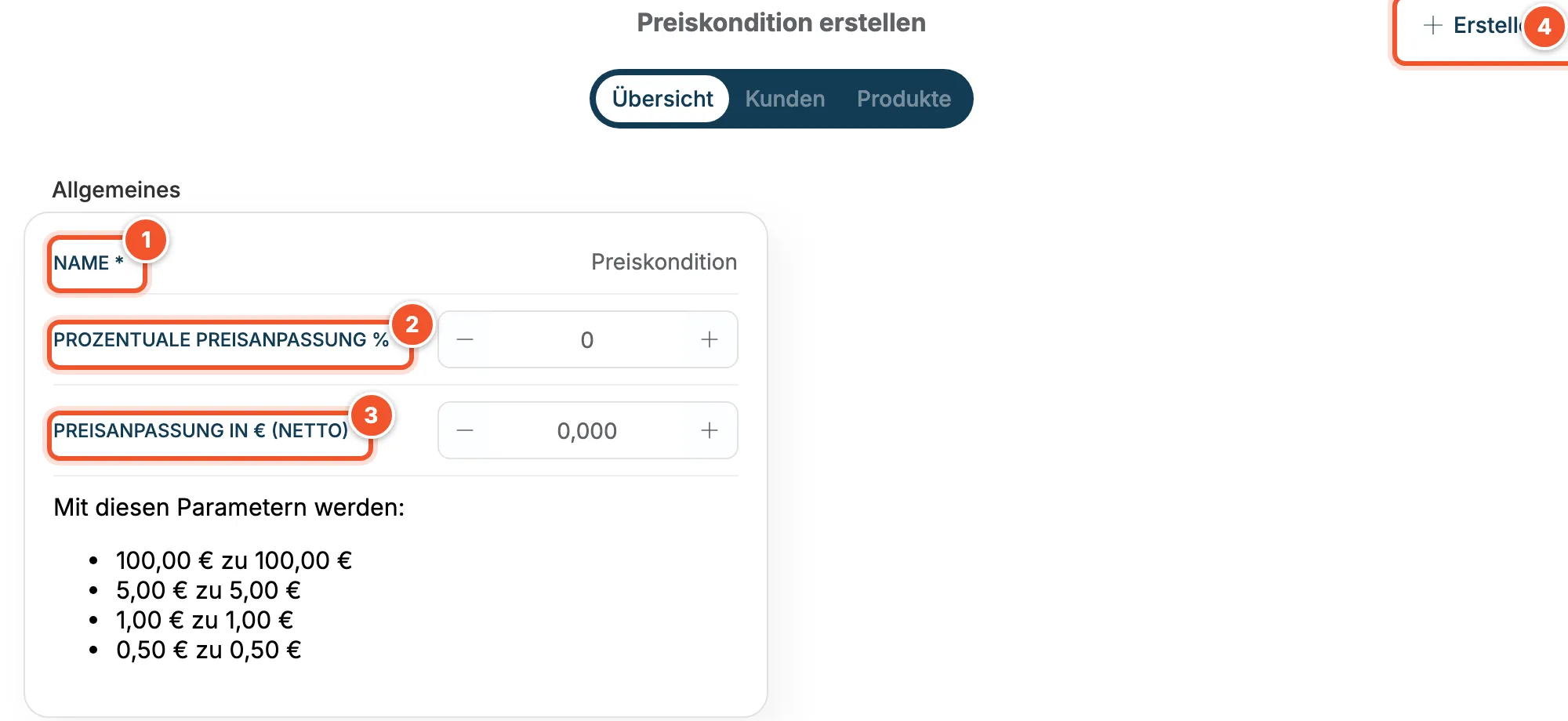 Formular Preiskondition erstellen mit Name, prozentualer Preisanpassung und Preisanpassung in Euro