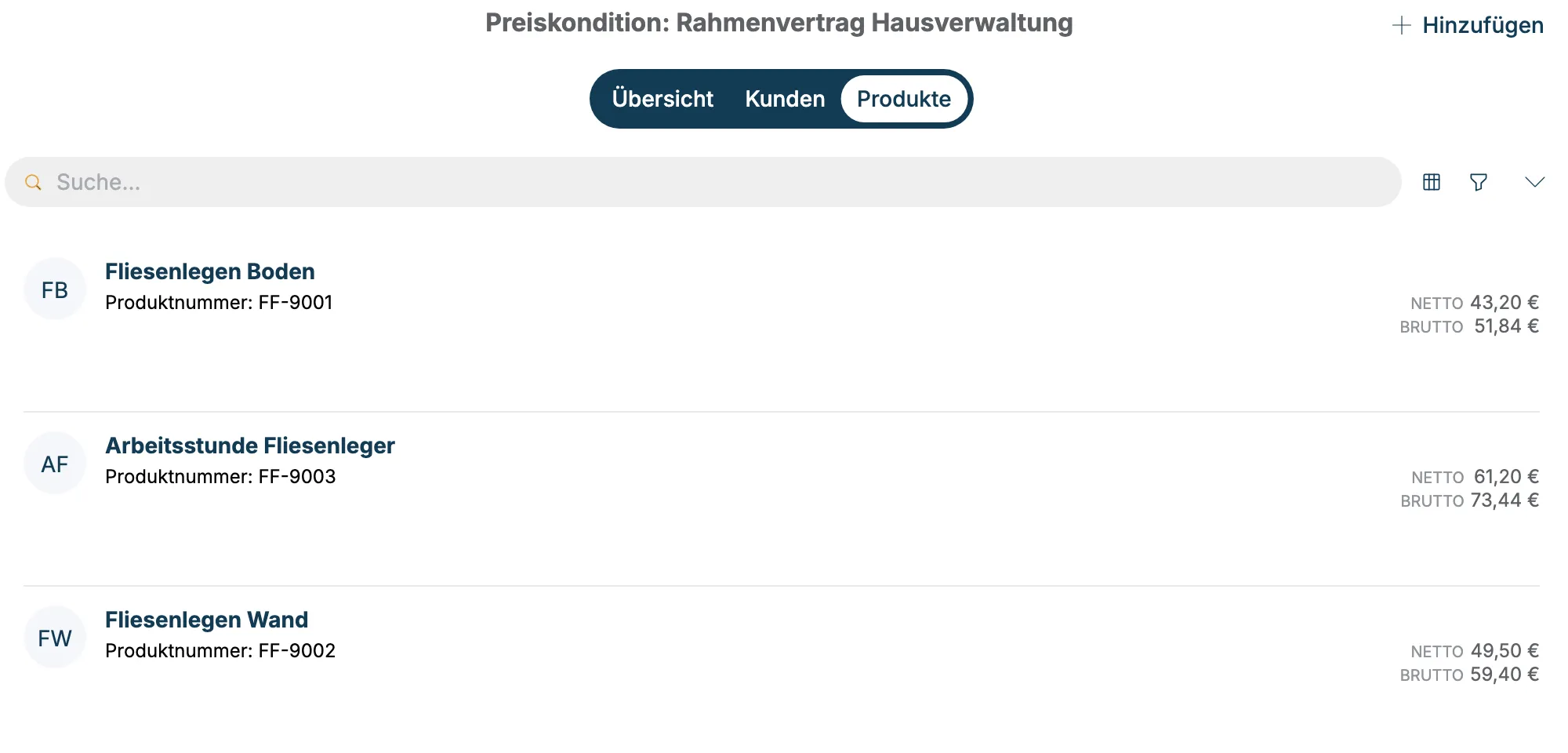 Reiter Produkte der Preiskondition mit Fliesenlegen Boden 43,20 €, Arbeitsstunde Fliesenleger 61,20 € und Fliesenlegen Wand 49,50 €
