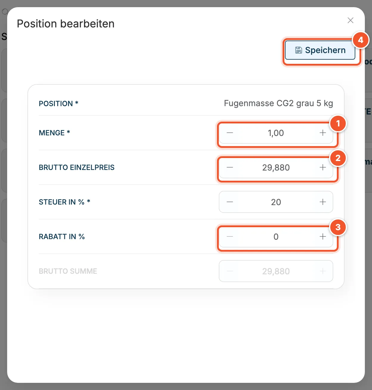 Fenster Position bearbeiten mit Menge, Brutto Einzelpreis, Steuer, Rabatt und Brutto Summe
