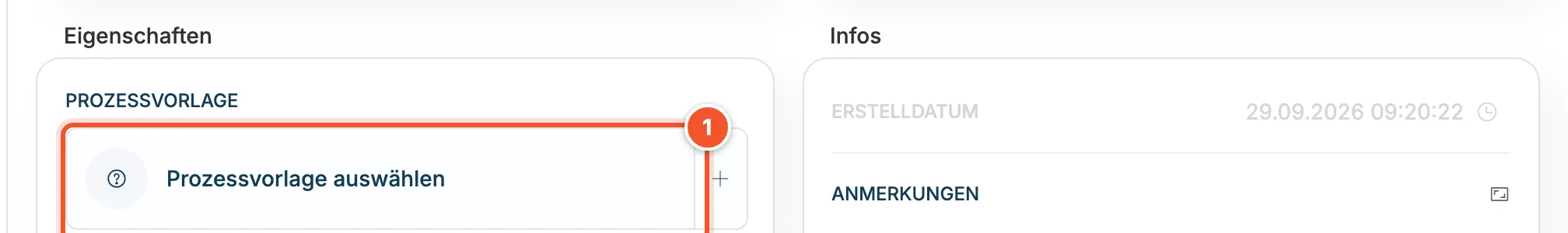 Produkt mit Feld Prozessvorlage im Bereich Eigenschaften