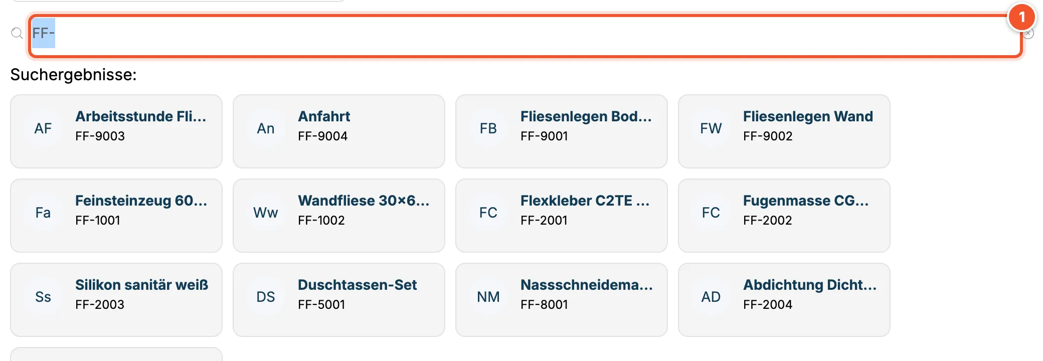 Produktsuche mit dem Suchbegriff FF- und den Suchergebnissen als Kacheln