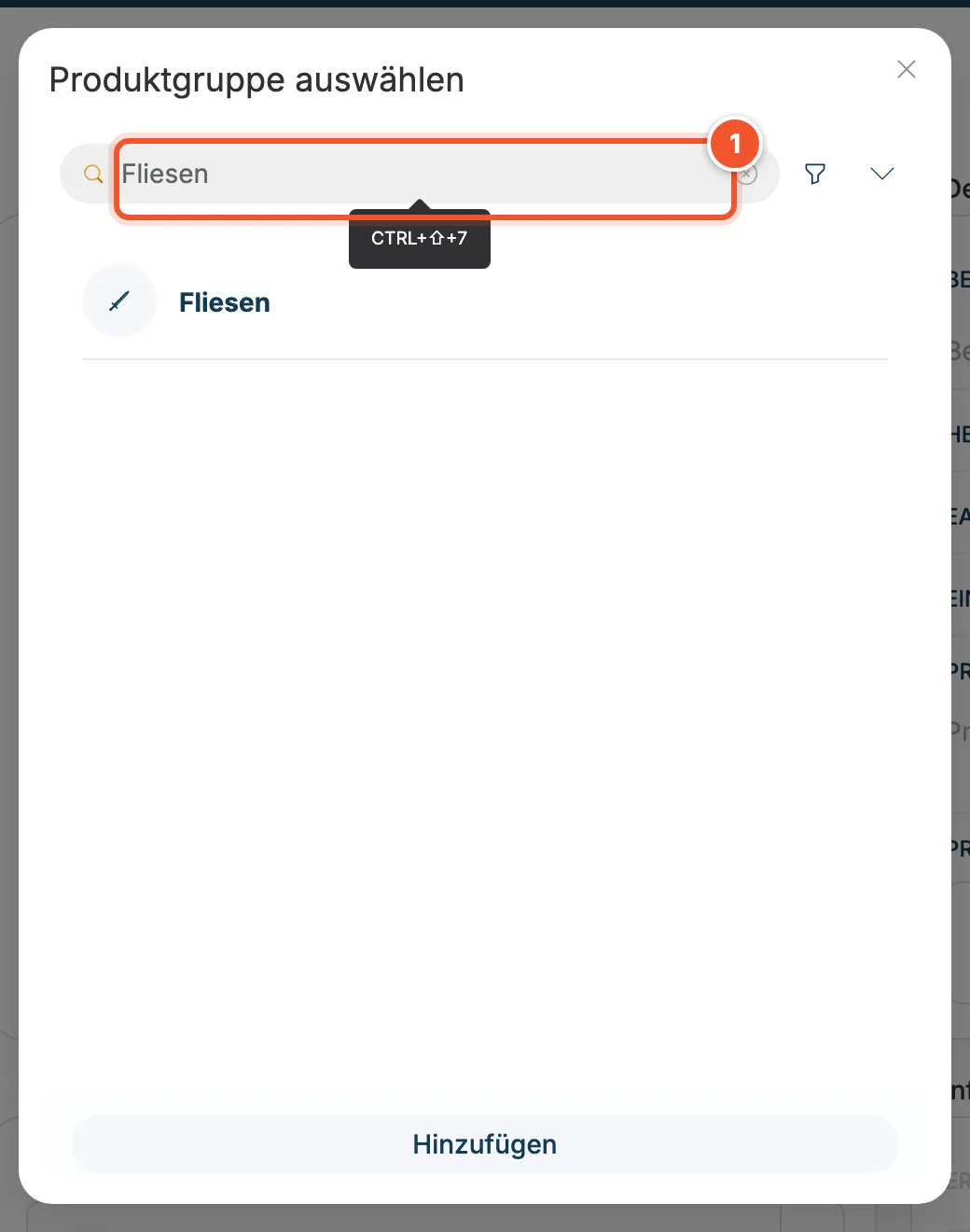Fenster Produktgruppe auswählen mit Suchbegriff Fliesen und dem Treffer Fliesen