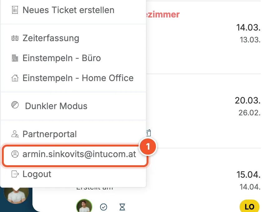 Persönliches Menü mit markierter E-Mail-Adresse