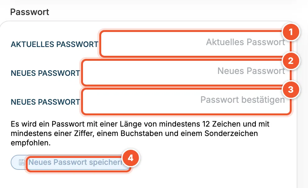 Bereich Passwort mit Feldern für aktuelles und neues Passwort