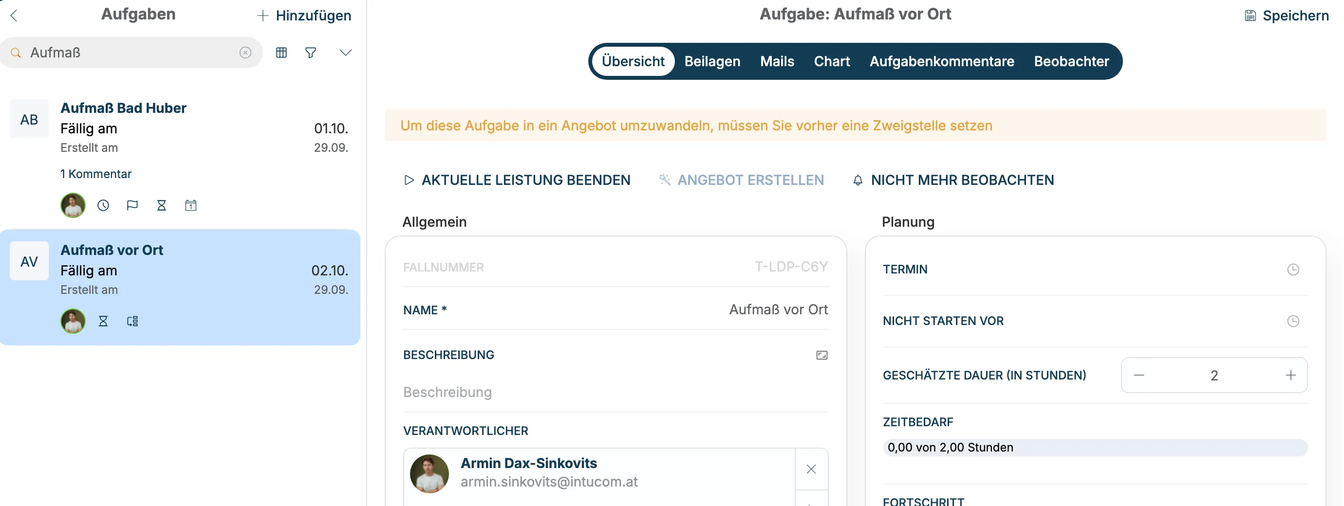 Aufgabenliste mit der Prozessaufgabe Aufmaß vor Ort