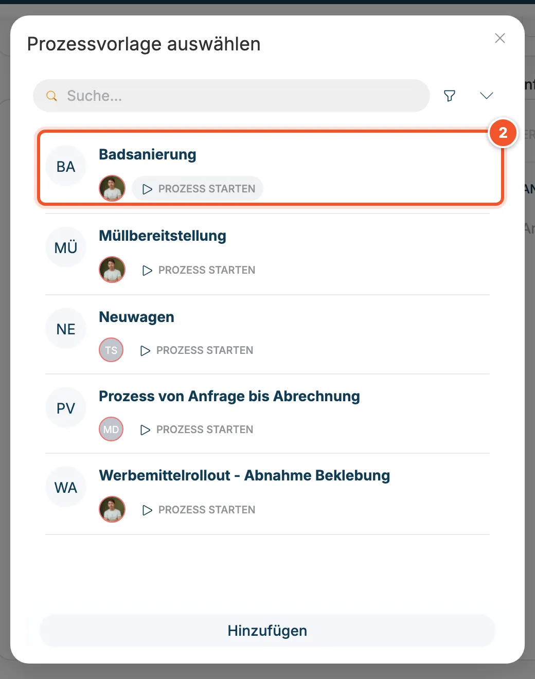 Fenster Prozessvorlage auswählen mit Badsanierung, Müllbereitstellung, Neuwagen und weiteren Vorlagen