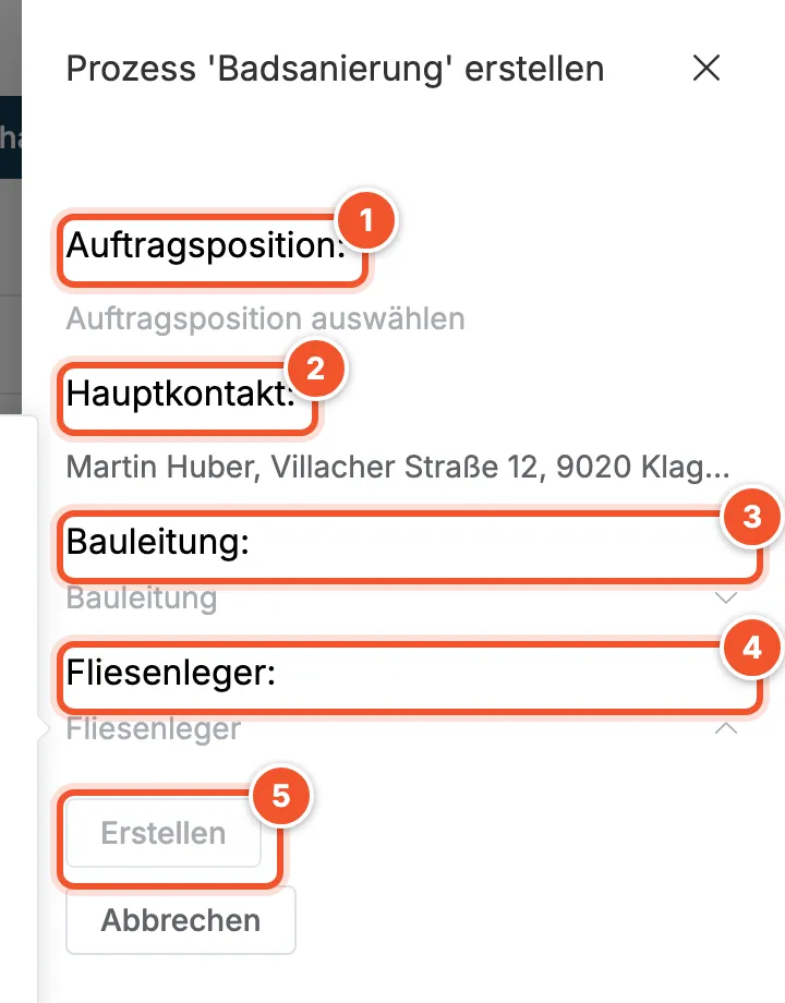 Seitenfenster Prozess Badsanierung erstellen mit Auftragsposition, Hauptkontakt und zwei Rollen