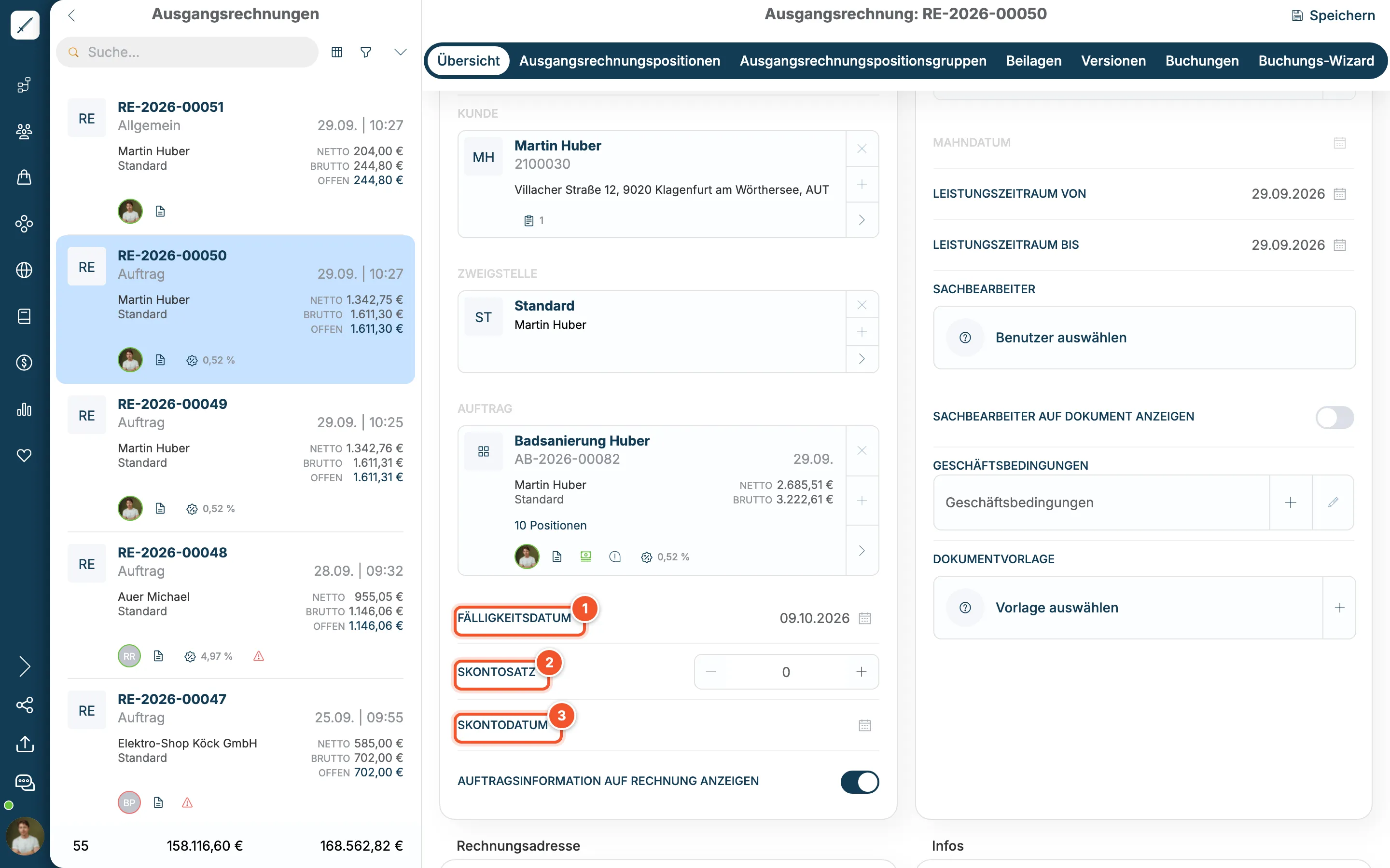 Fälligkeitsdatum, Skontosatz und Skontodatum der Rechnung