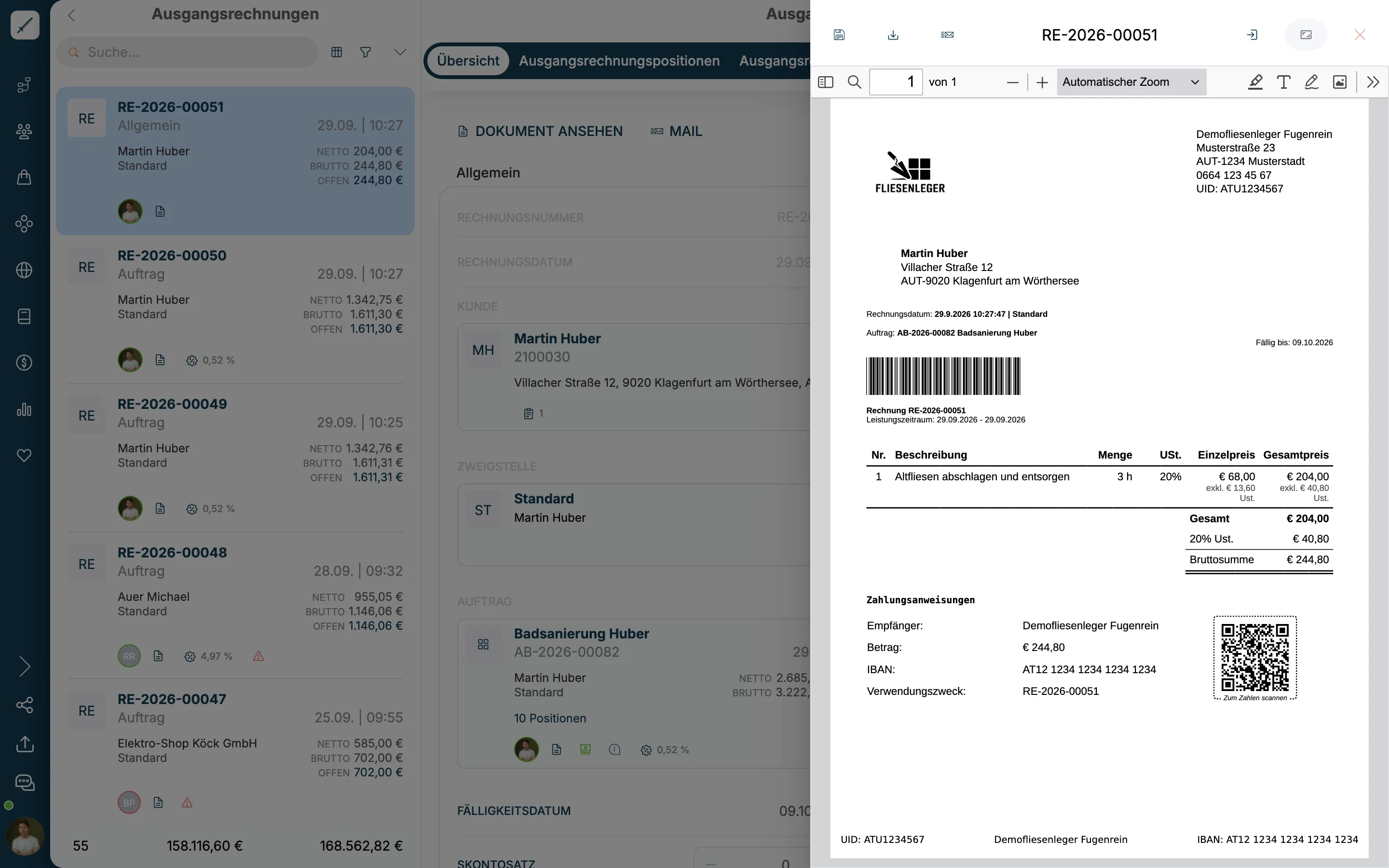 Rechnung RE-2026-00051 mit der Position Altfliesen abschlagen und entsorgen, 3 h