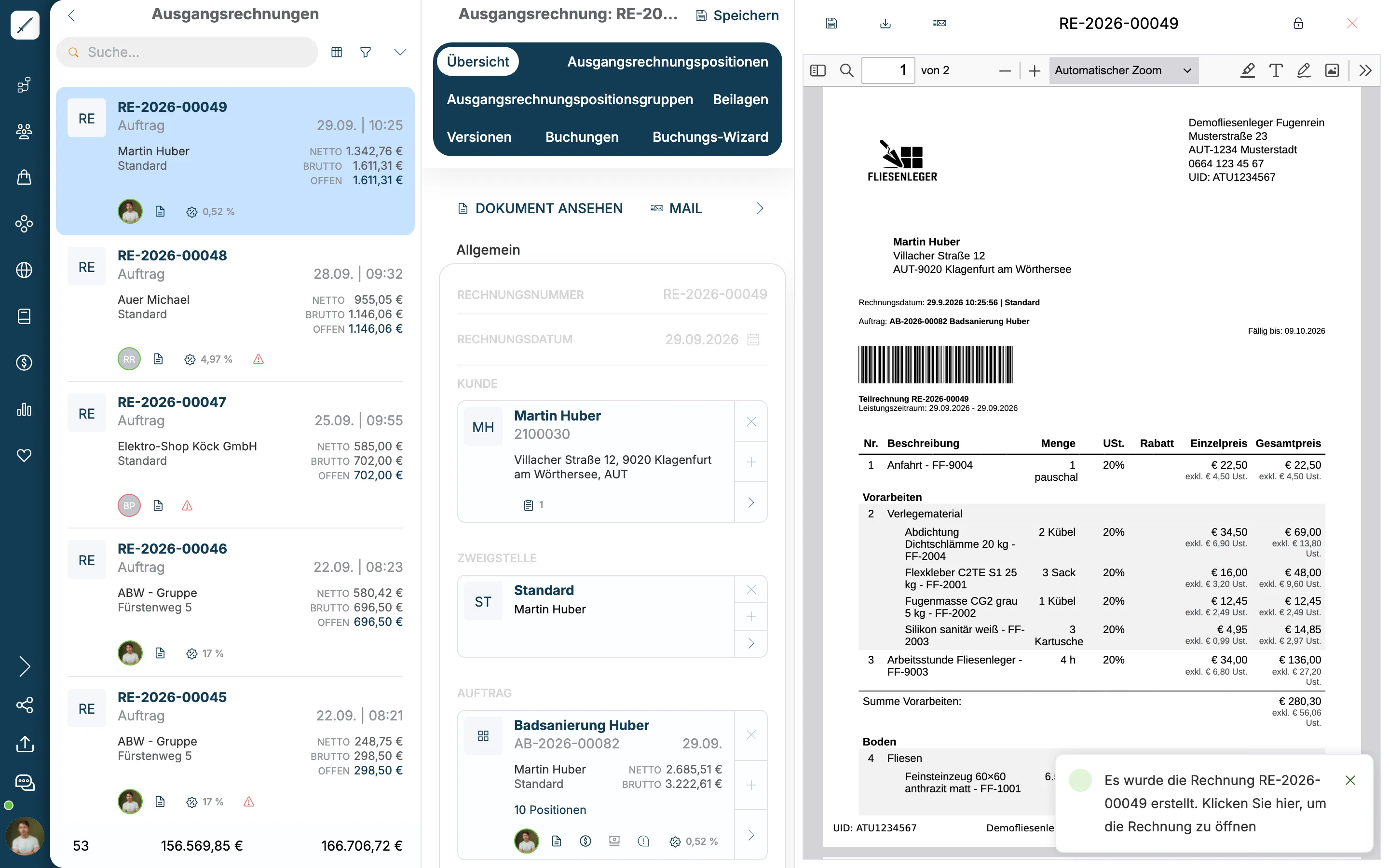 Neue Teilrechnung RE-2026-00049 mit Hinweis Es wurde die Rechnung erstellt