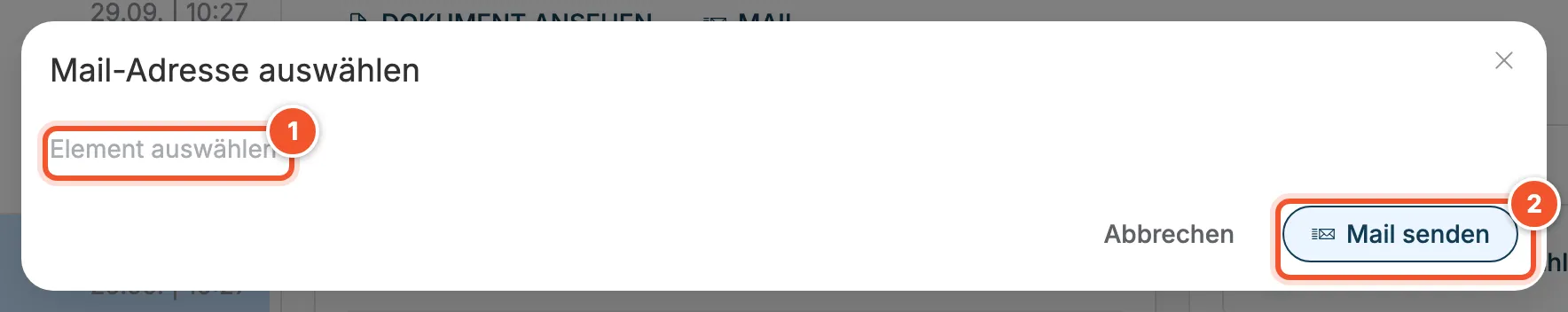 Fenster Mail-Adresse auswählen mit Abbrechen und Mail senden