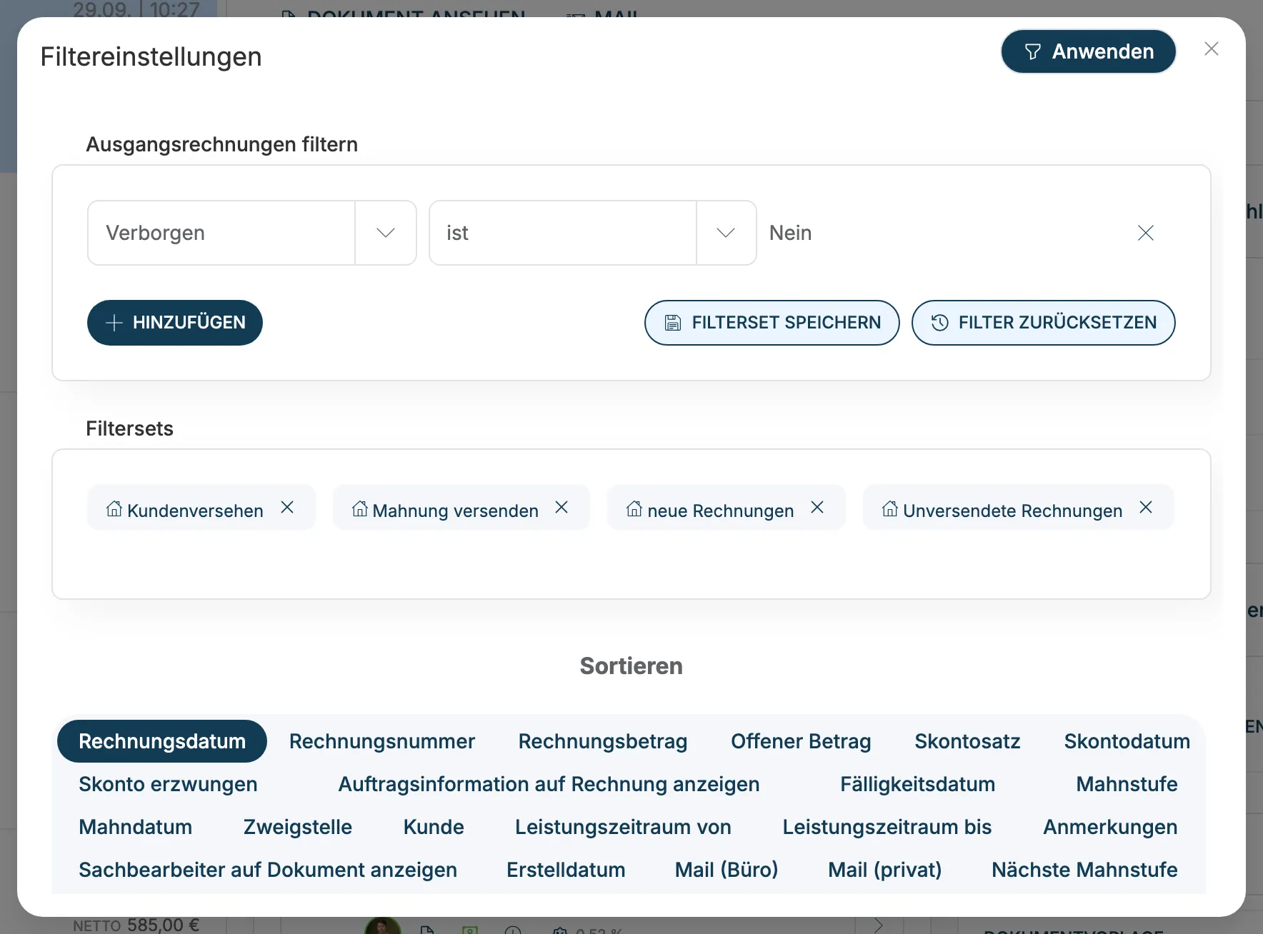 Filtereinstellungen der Ausgangsrechnungen mit Filtersets und Sortierung
