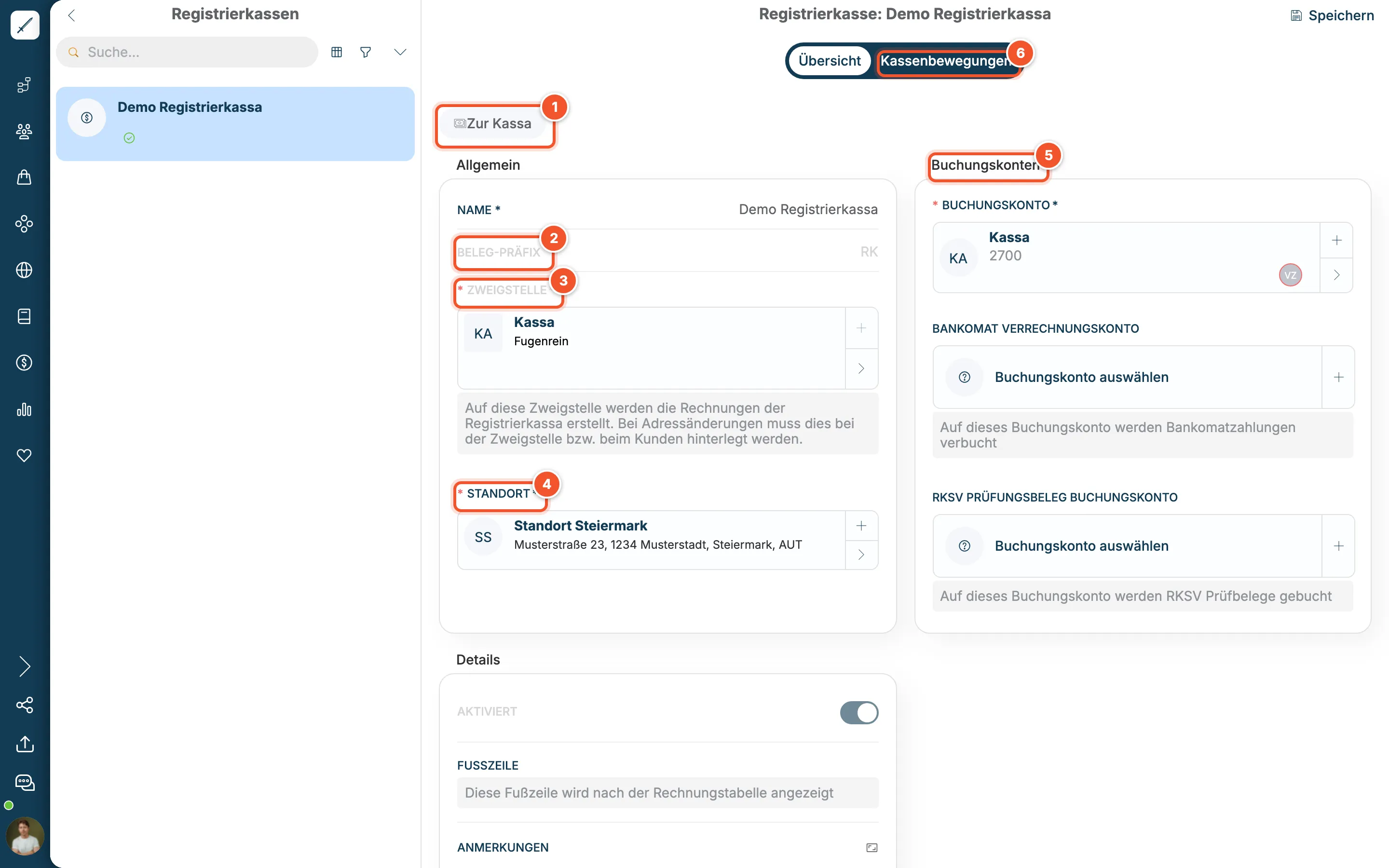 Detailansicht der Registrierkasse Demo Registrierkassa mit Allgemein, Buchungskonten und Details