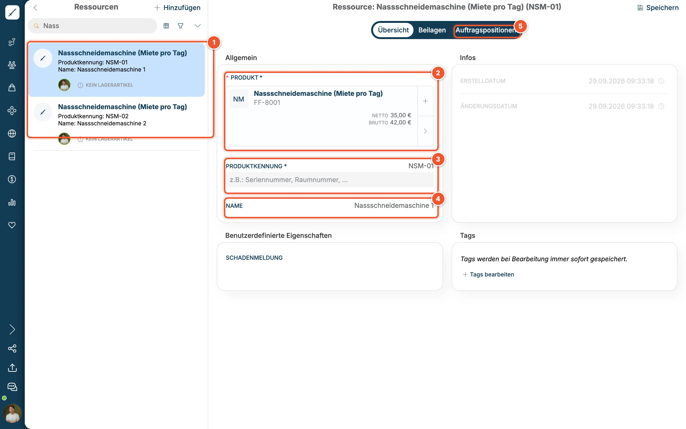 Ressourcen-Liste mit zwei Nassschneidemaschinen und Detailansicht der Ressource NSM-01