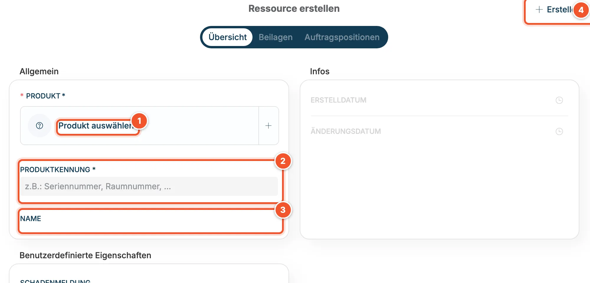 Formular Ressource erstellen mit Produkt, Produktkennung und Name
