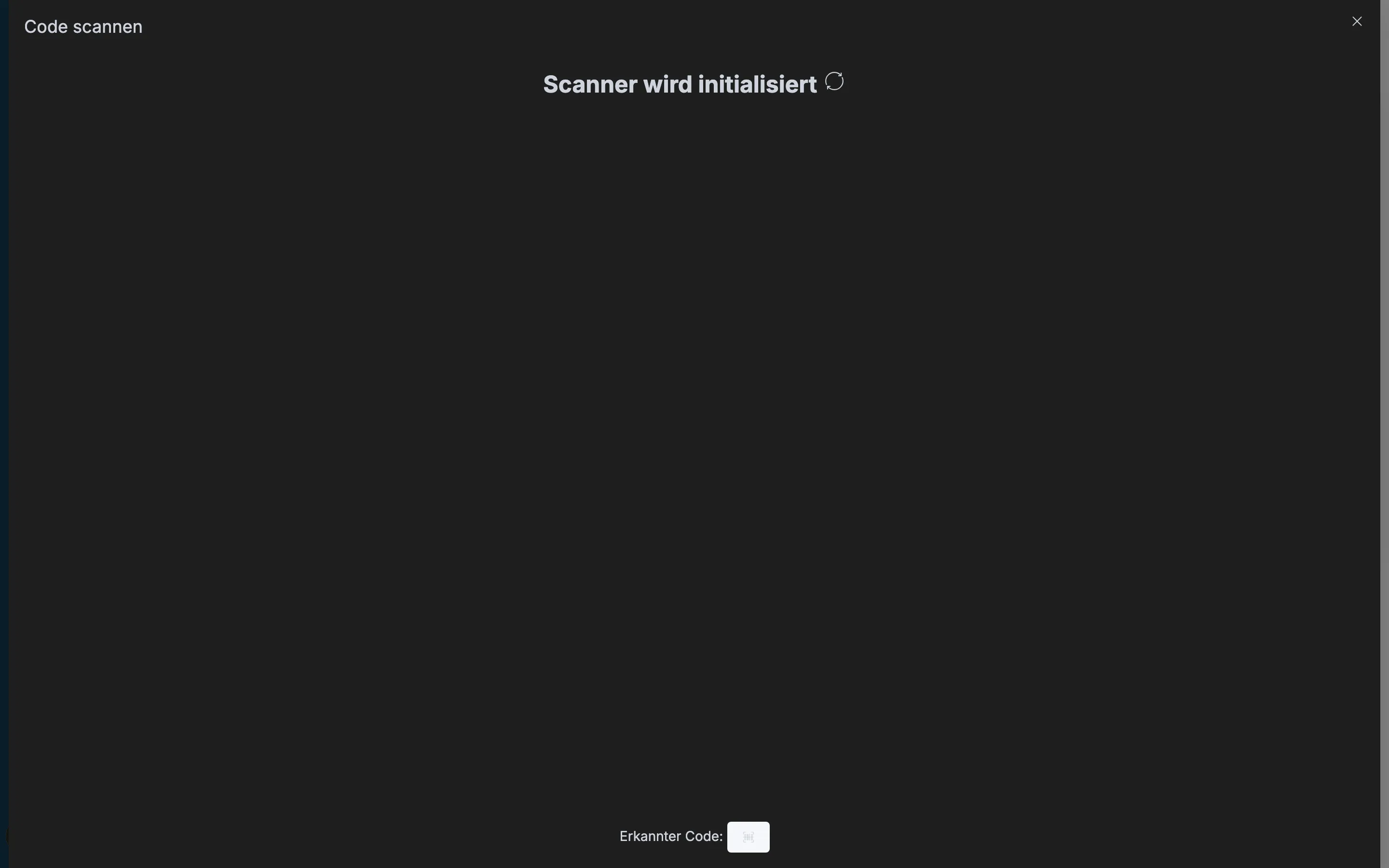 Vollbild Code scannen mit Hinweis Scanner wird initialisiert und Feld Erkannter Code