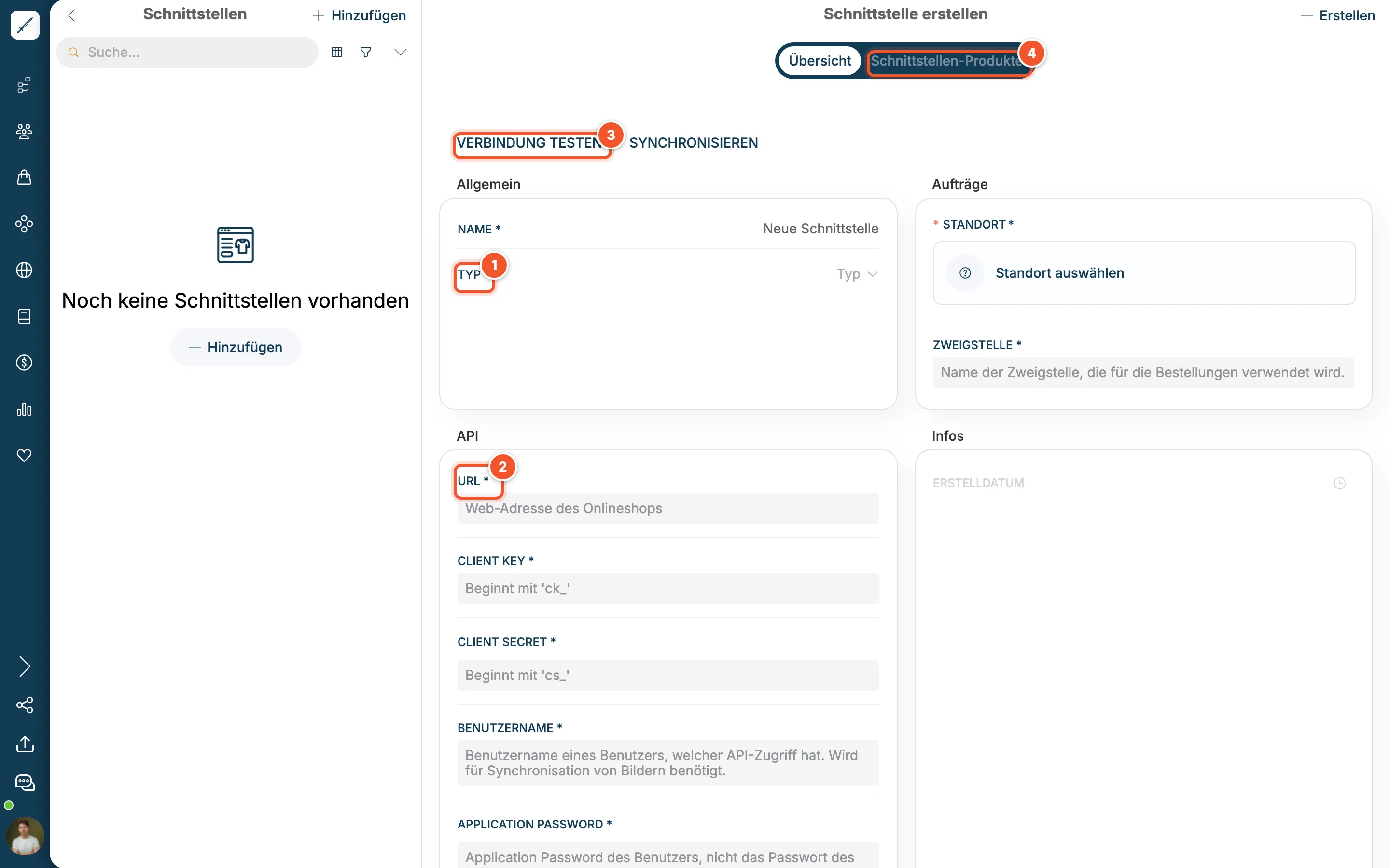 Formular Schnittstelle erstellen mit Typ, Standort, Zweigstelle, URL, Client Key, Client Secret, Benutzername und Application Password
