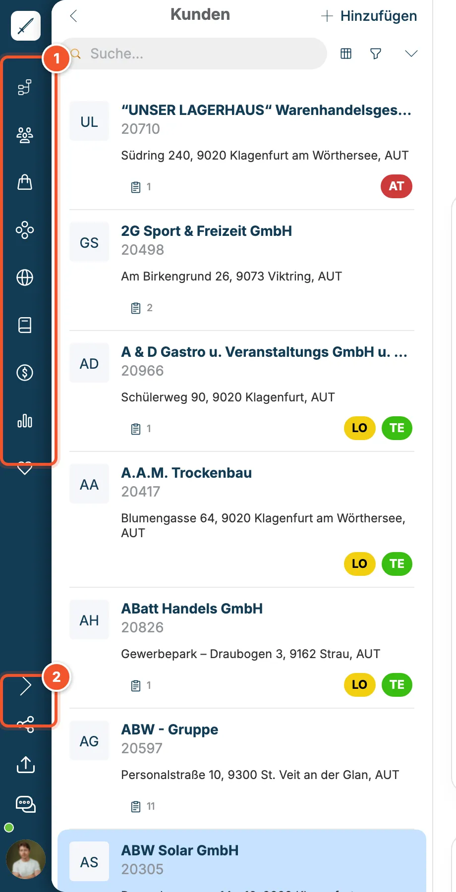Eingeklapptes Hauptmenü mit Symbolen