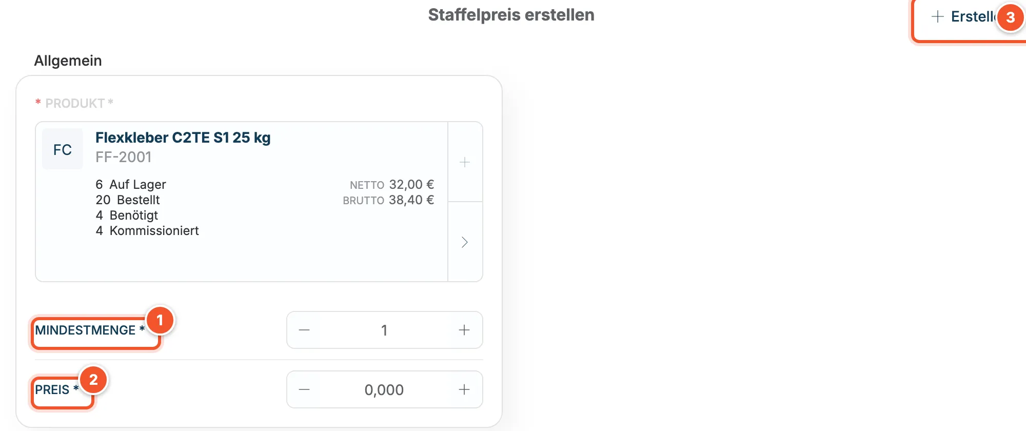 Formular Staffelpreis erstellen mit Produkt Flexkleber, Mindestmenge und Preis