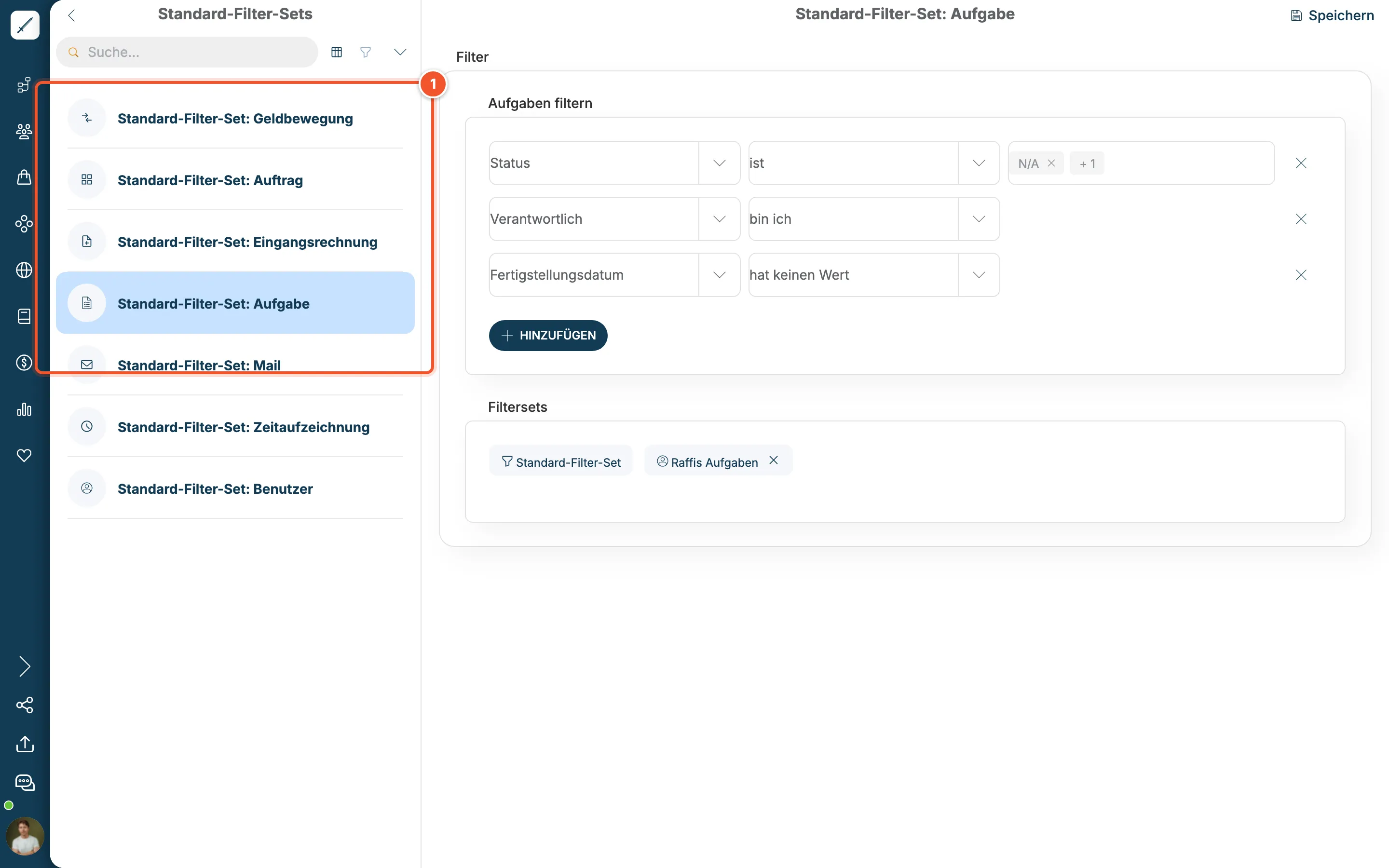 Liste der Standard-Filter-Sets und Detailansicht des Standard-Filter-Sets Aufgabe mit Filterbedingungen