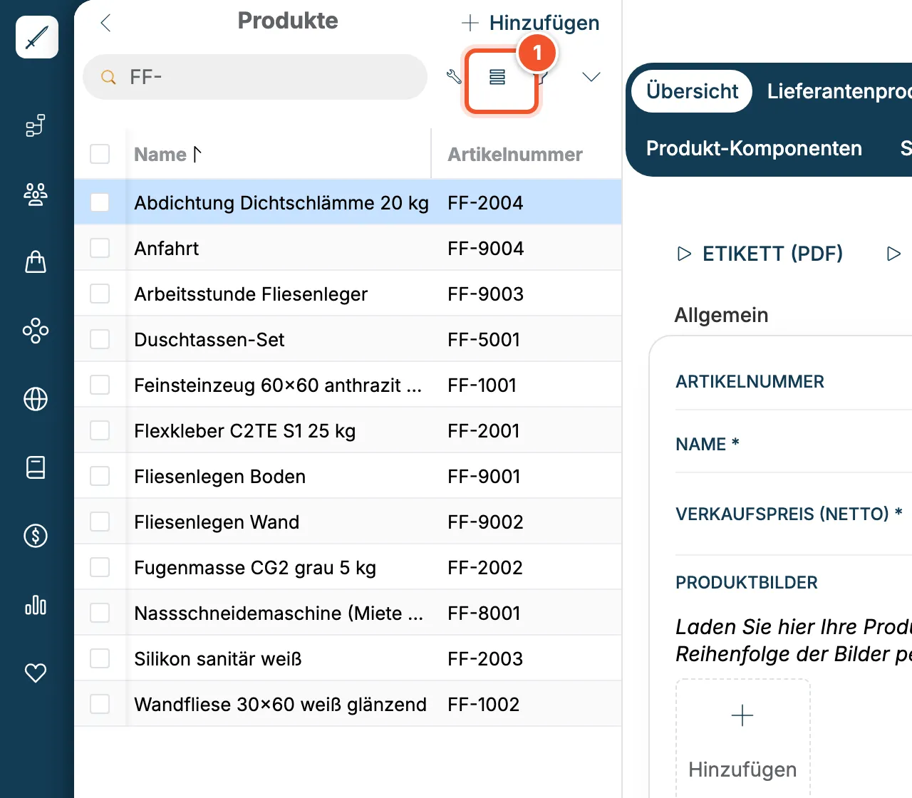 Produkte in der Tabellenansicht mit Spalten Name und Artikelnummer