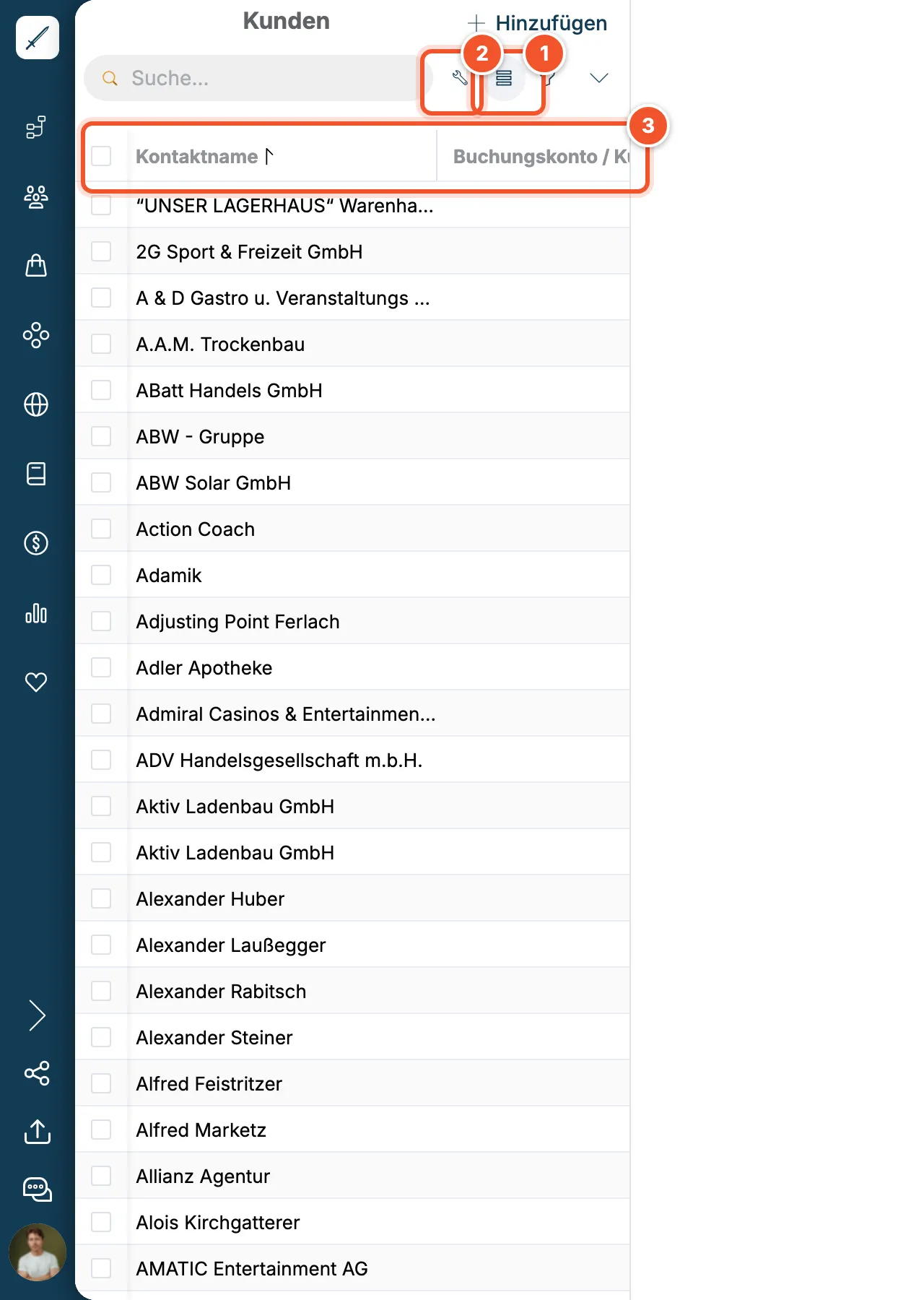 Kundenliste in der Tabellenansicht mit Spalten