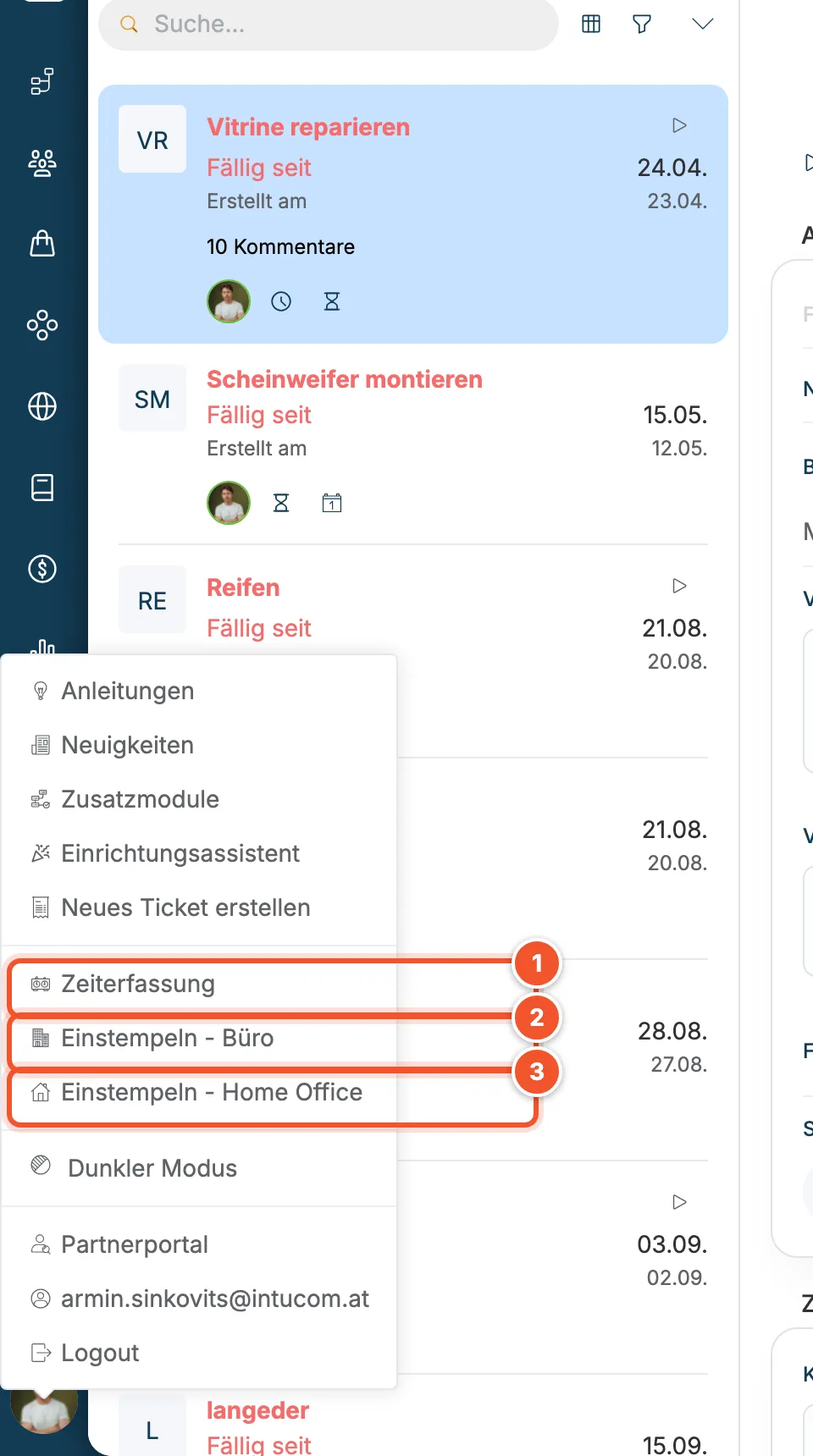 Persönliches Menü mit Zeiterfassung, Einstempeln - Büro und Einstempeln - Home Office