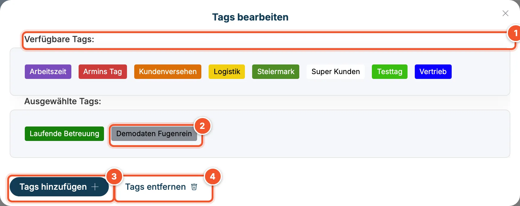Fenster Tags bearbeiten mit verfügbaren und ausgewählten Tags